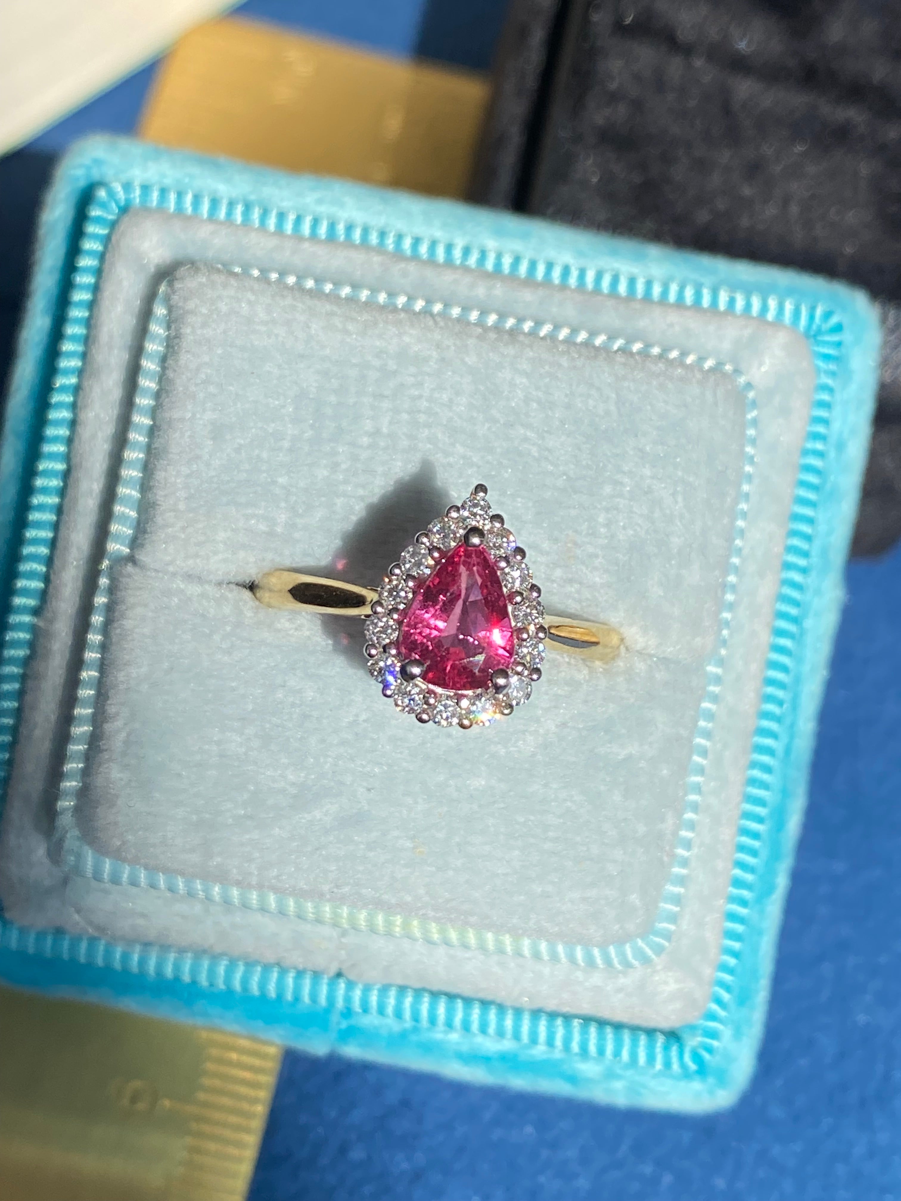 1.28 CTW Pear Cut Ruby and Natural Diamond Ring in Platinum and 18ct Yellow Gold