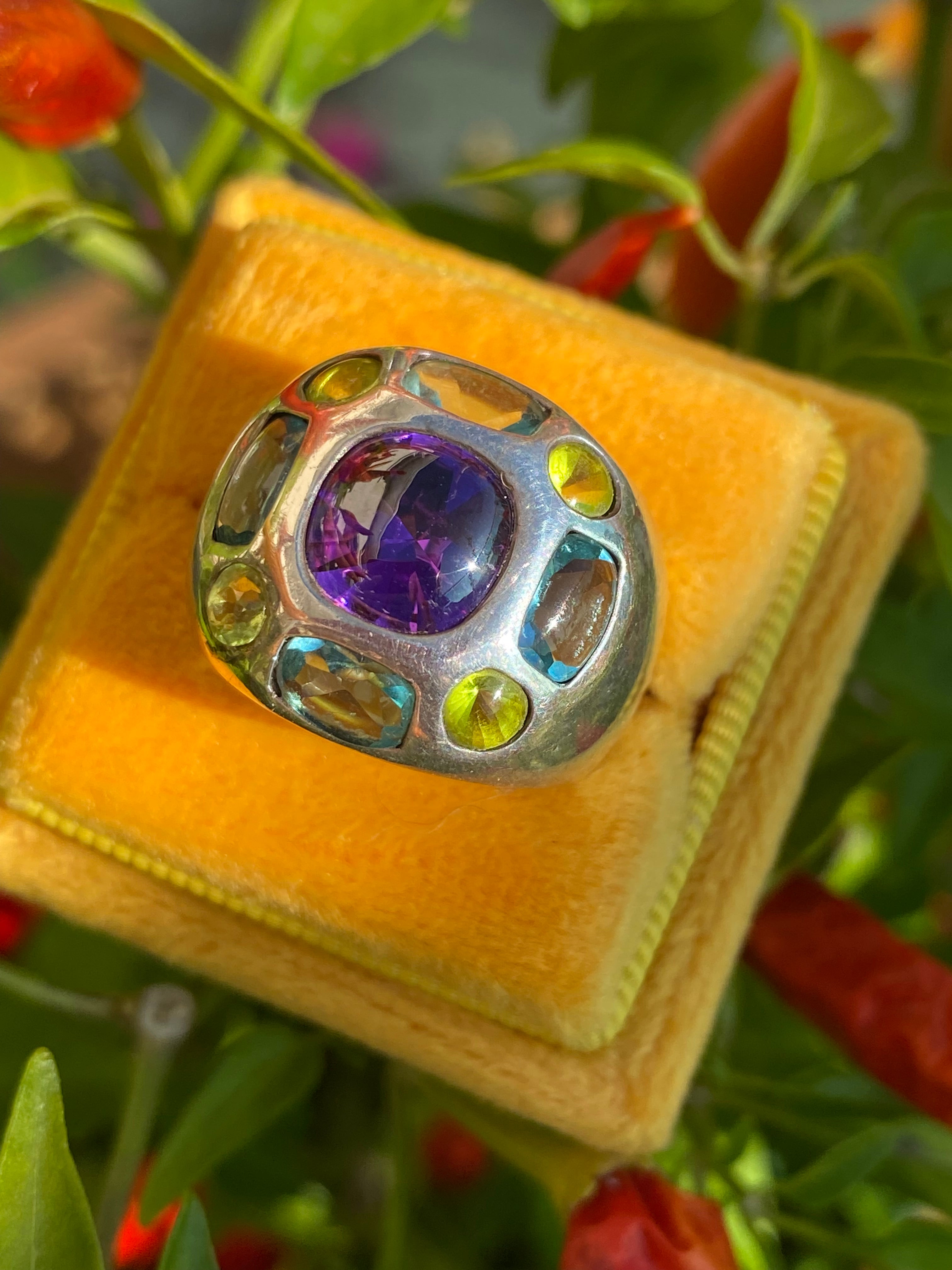 Beautiful Vintage Amethyst, Peridot and Blue Topaz Ring in Sterling Silver