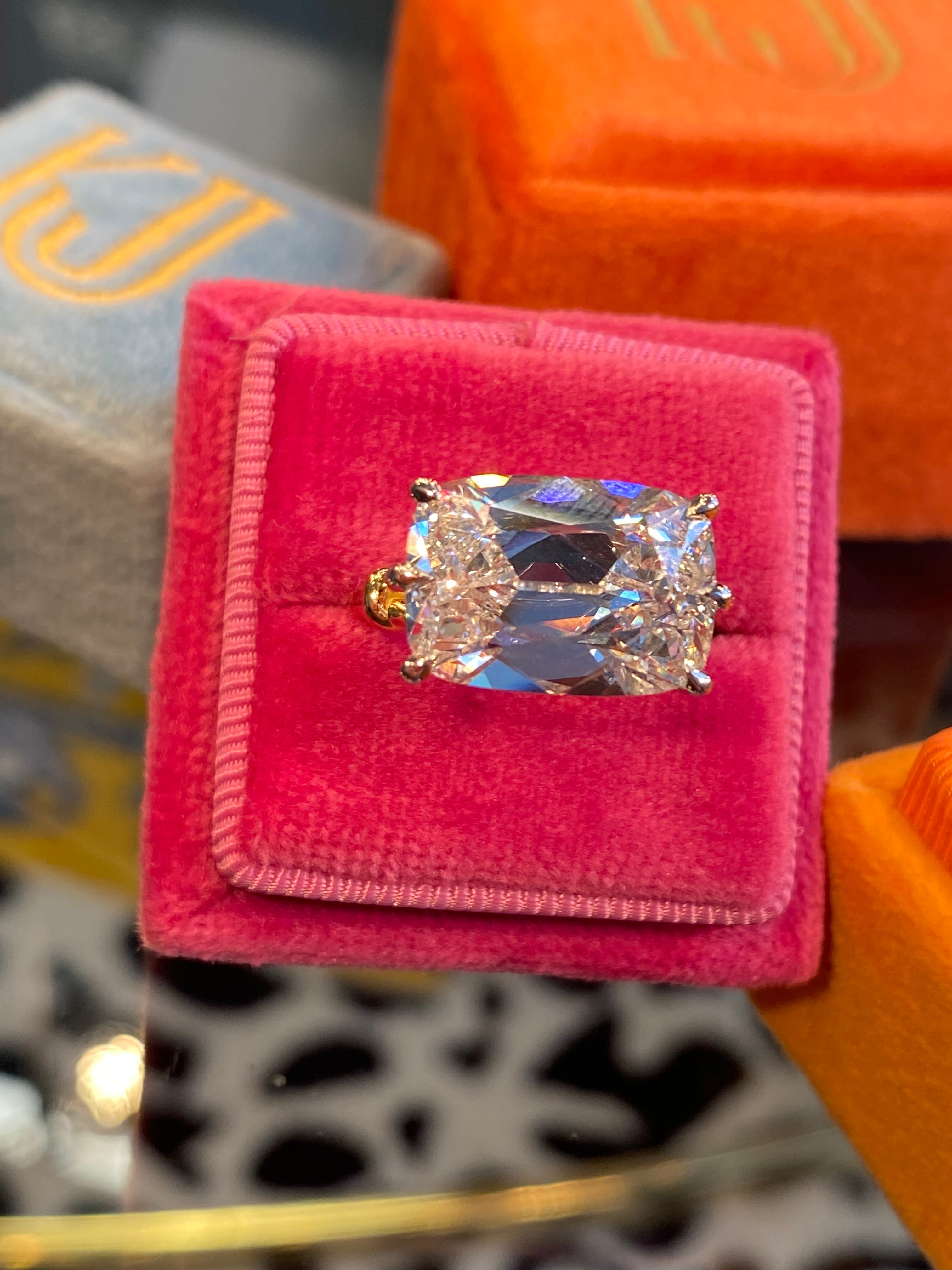 8.09 Carat Old Mine Cut Lab Diamond East West Solitaire Engagement Ring in 18ct Yellow Gold and Platinum