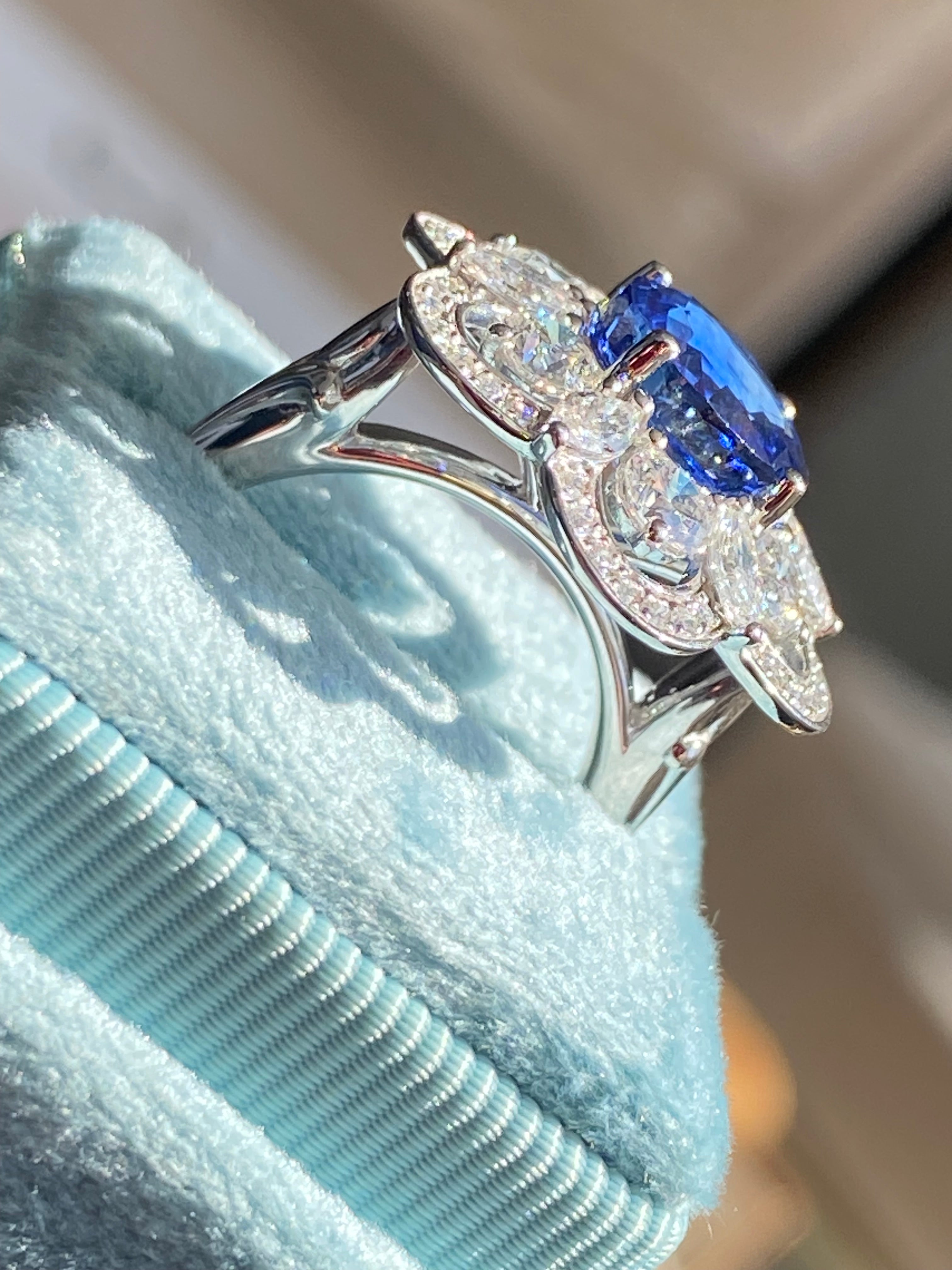 Masterpiece Showstopper 5.44 CTW Ceylon Sapphire and Natural Diamond Halo Cocktail Ring in Platinum