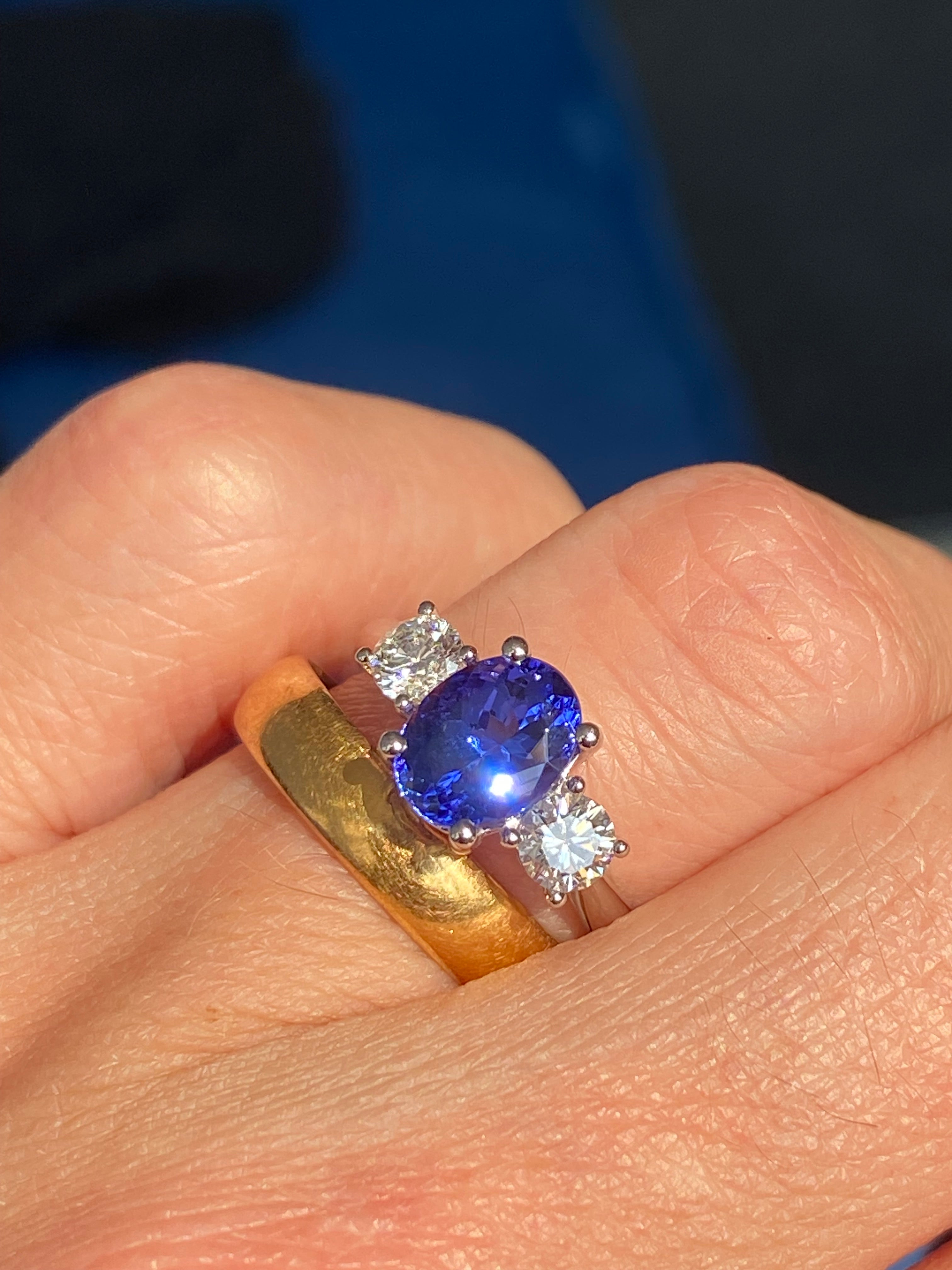 2.08 CTW Tanzanite and Natural Diamond Three Stone Ring in Platinum
