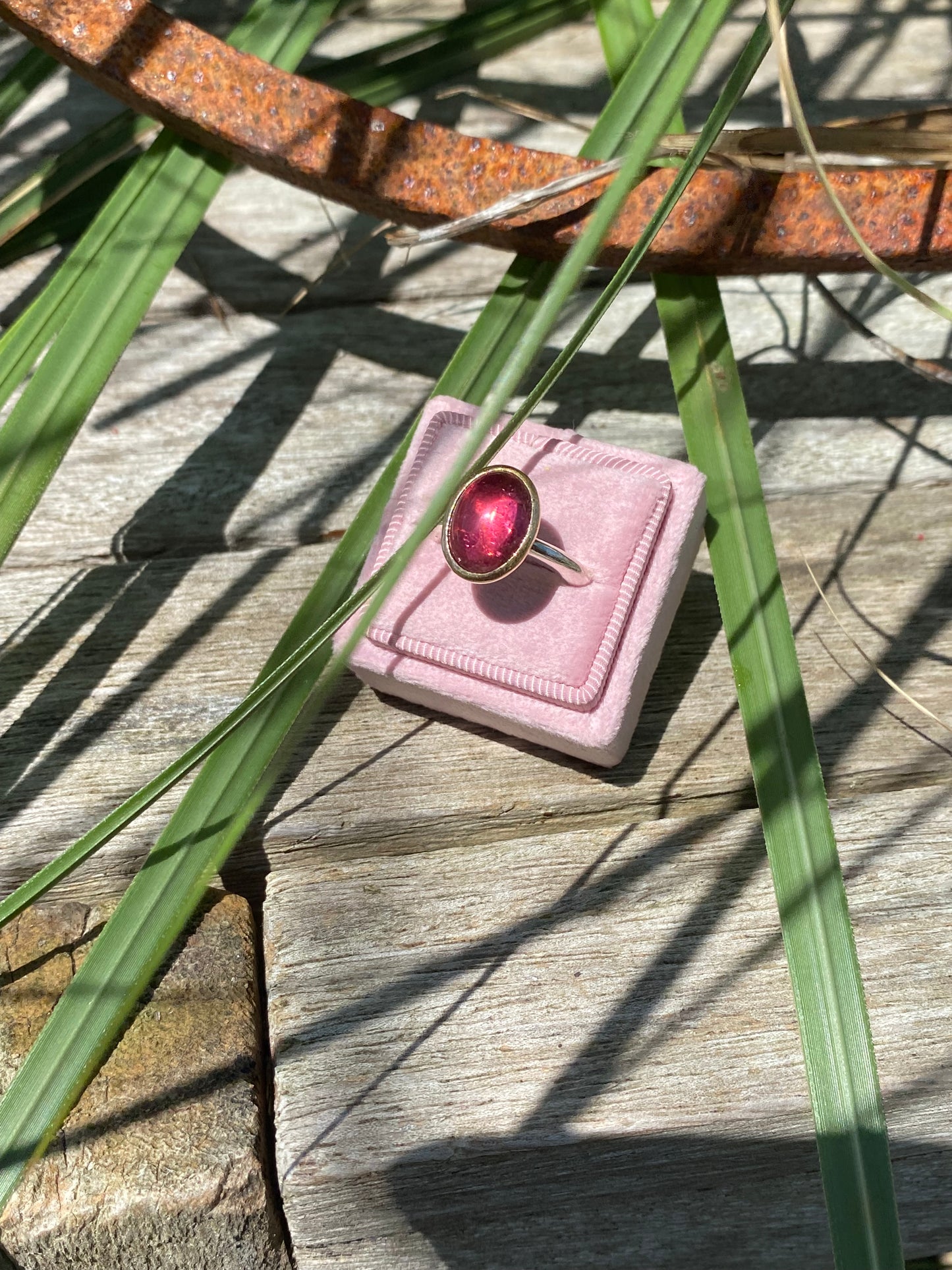 Cabochon Cut Pink Tourmaline Ring in Sterling Silver and 18ct Yellow Gold