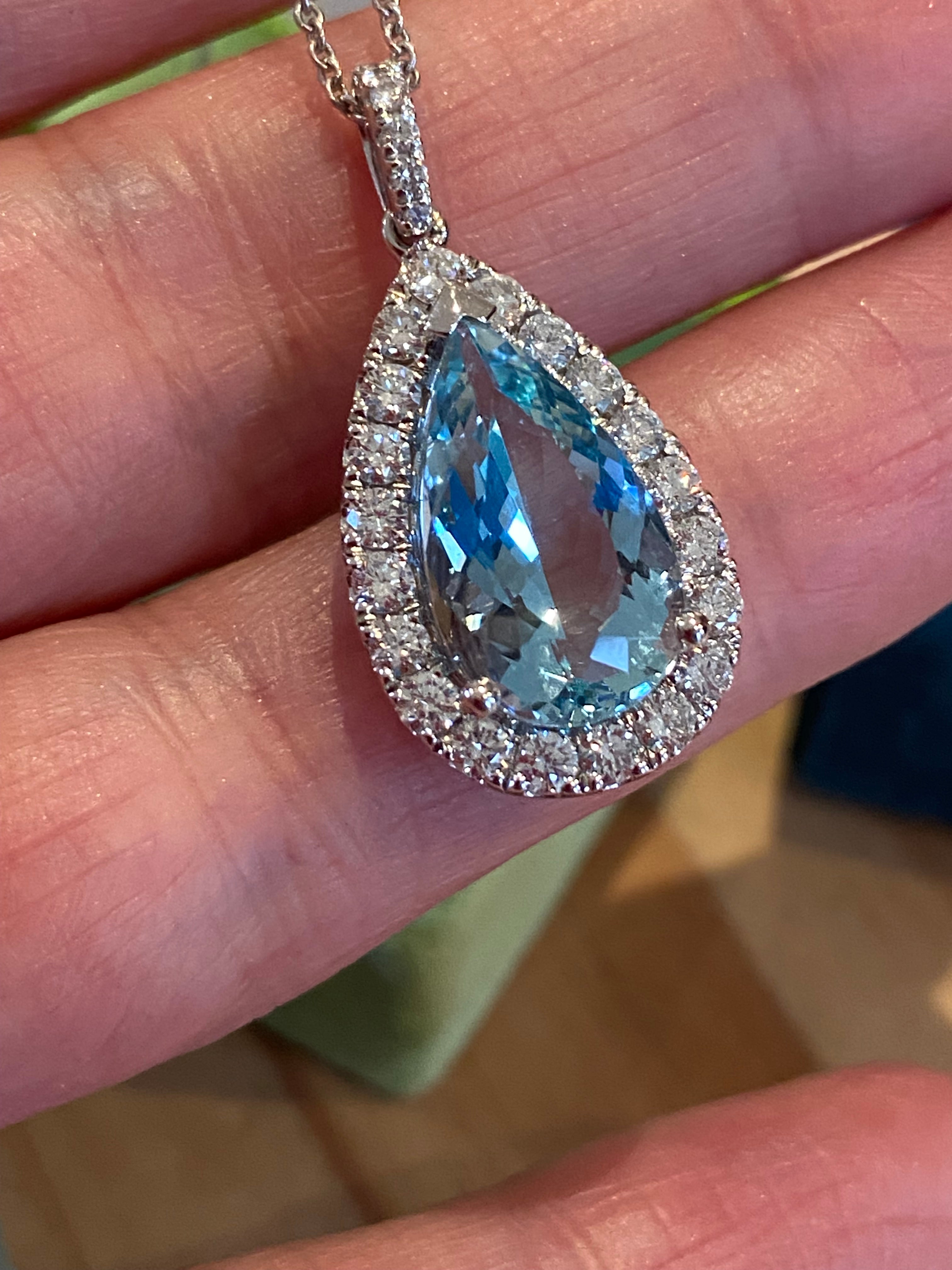 5.14 CTW Pear Cut Aquamarine and Natural Diamond Pendant Necklace in 18ct White Gold