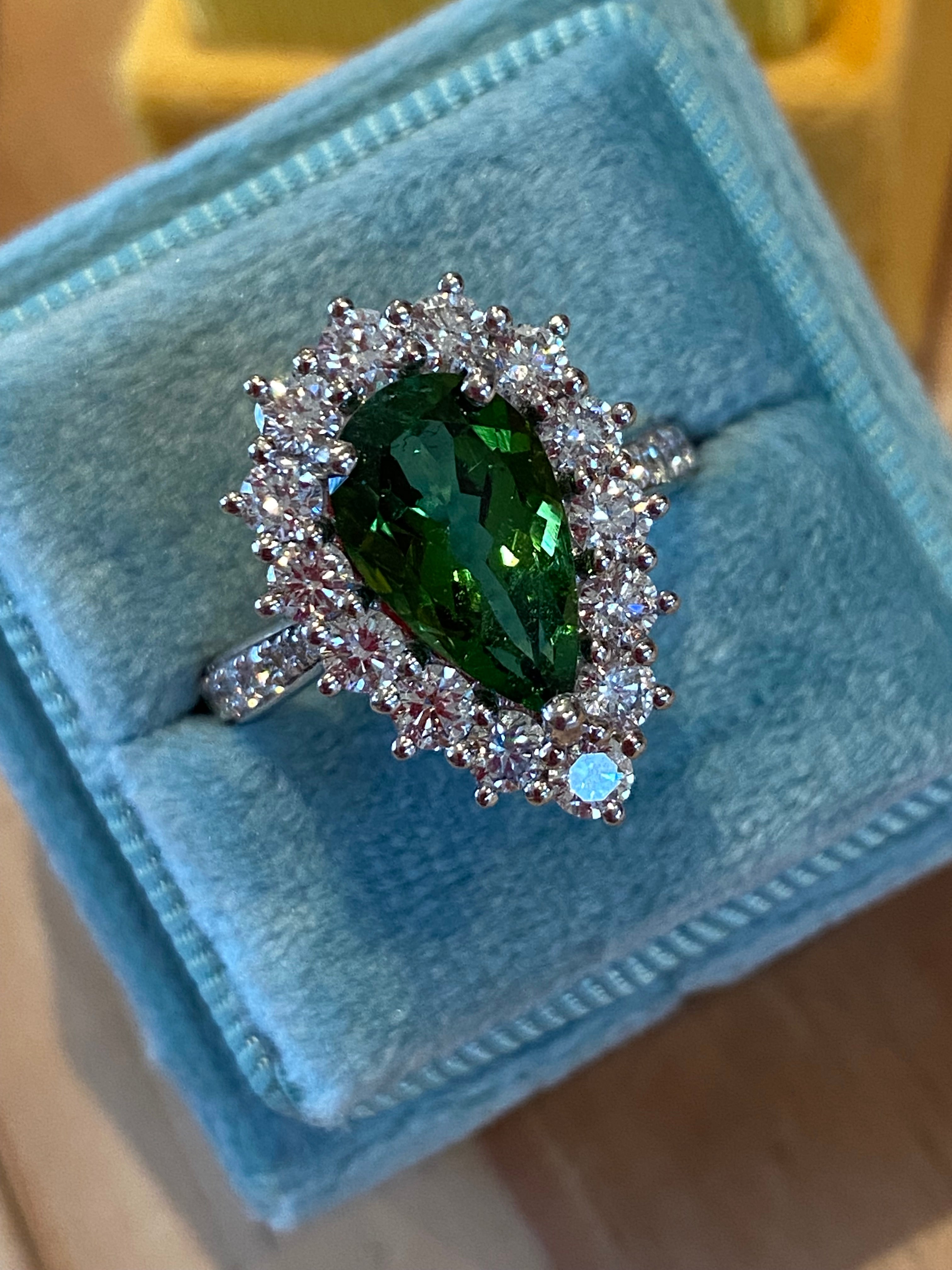 3.97 CTW Pear Cut Green Tourmaline and Natural Diamond Ring in Platinum