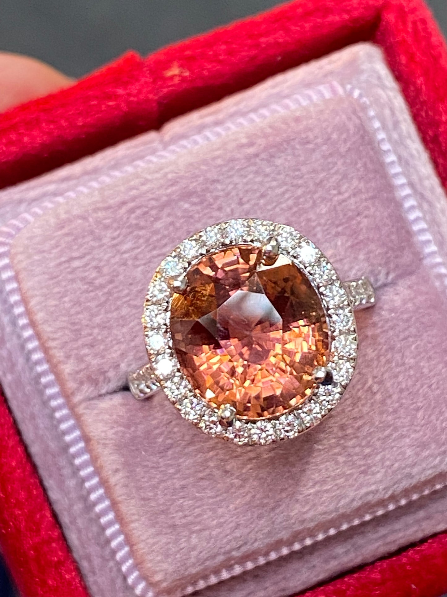 6.10 Carat Oval Cut Rose Pink Tourmaline and Natural Diamond Ring in Platinum