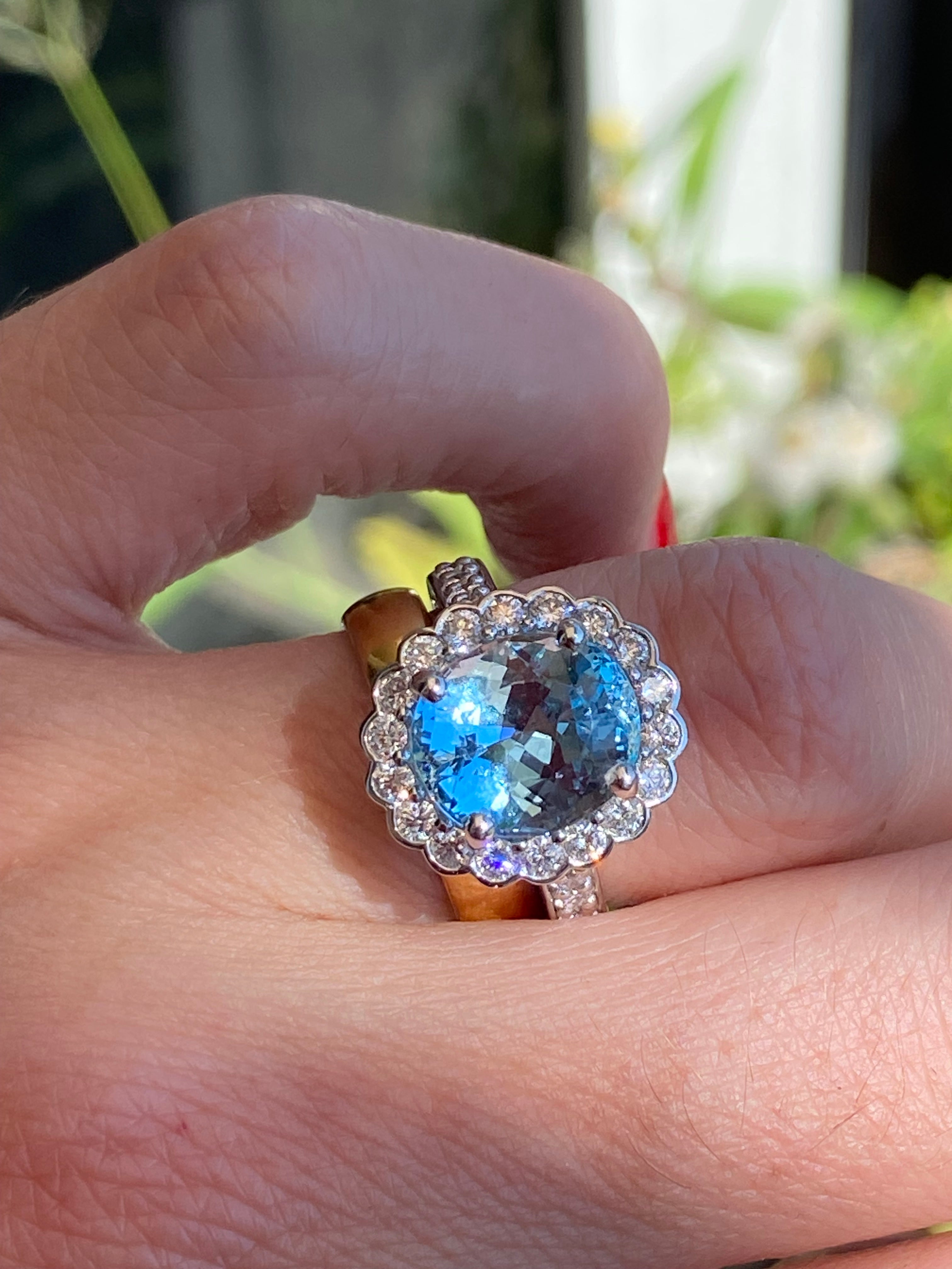 4.53 CTW Oval Cut Aquamarine and Natural Diamond Halo Engagement Ring in Platinum