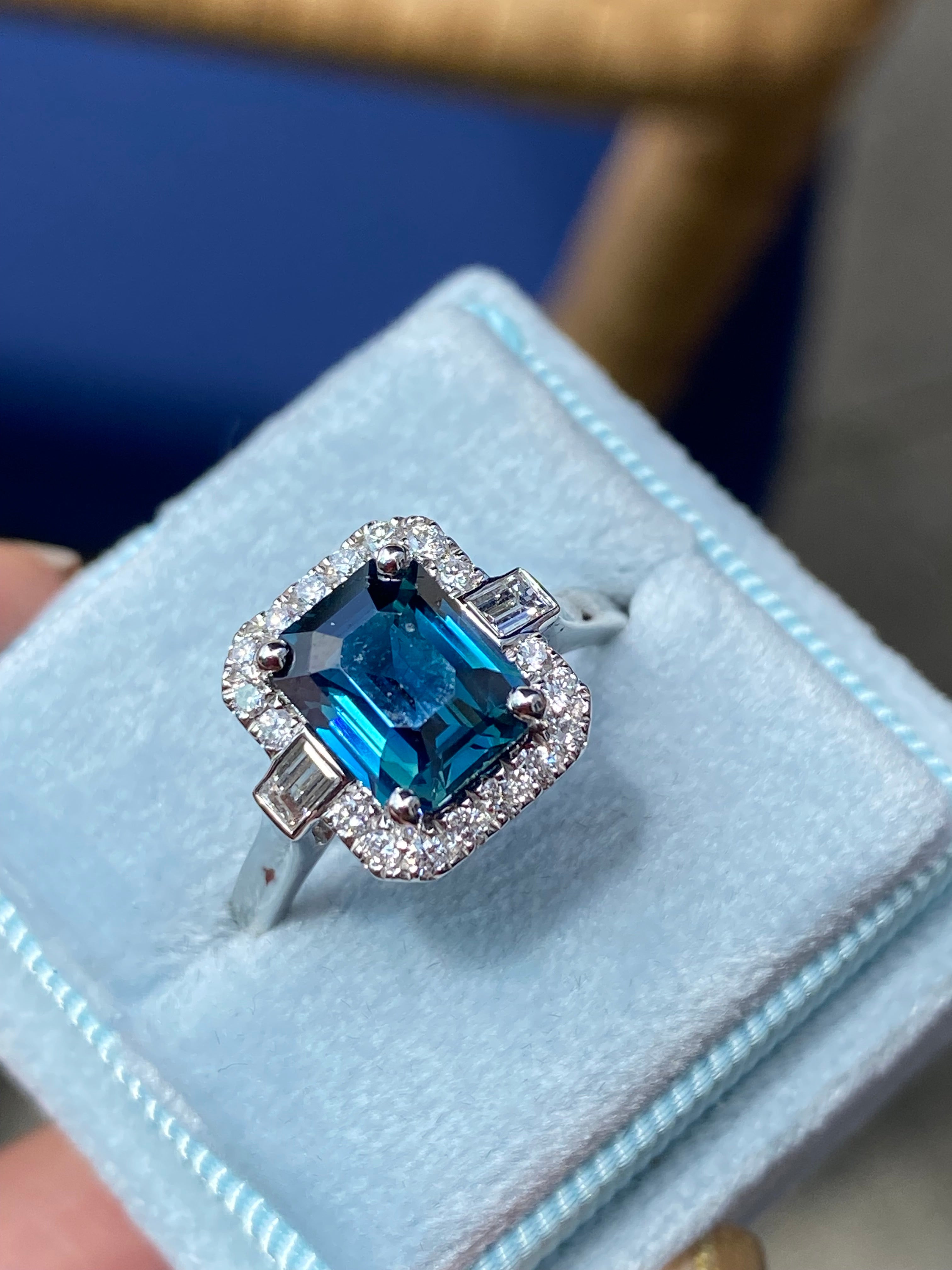 2.52 Carat Emerald Cut Teal Sapphire and Natural Diamond Halo Ring in Platinum