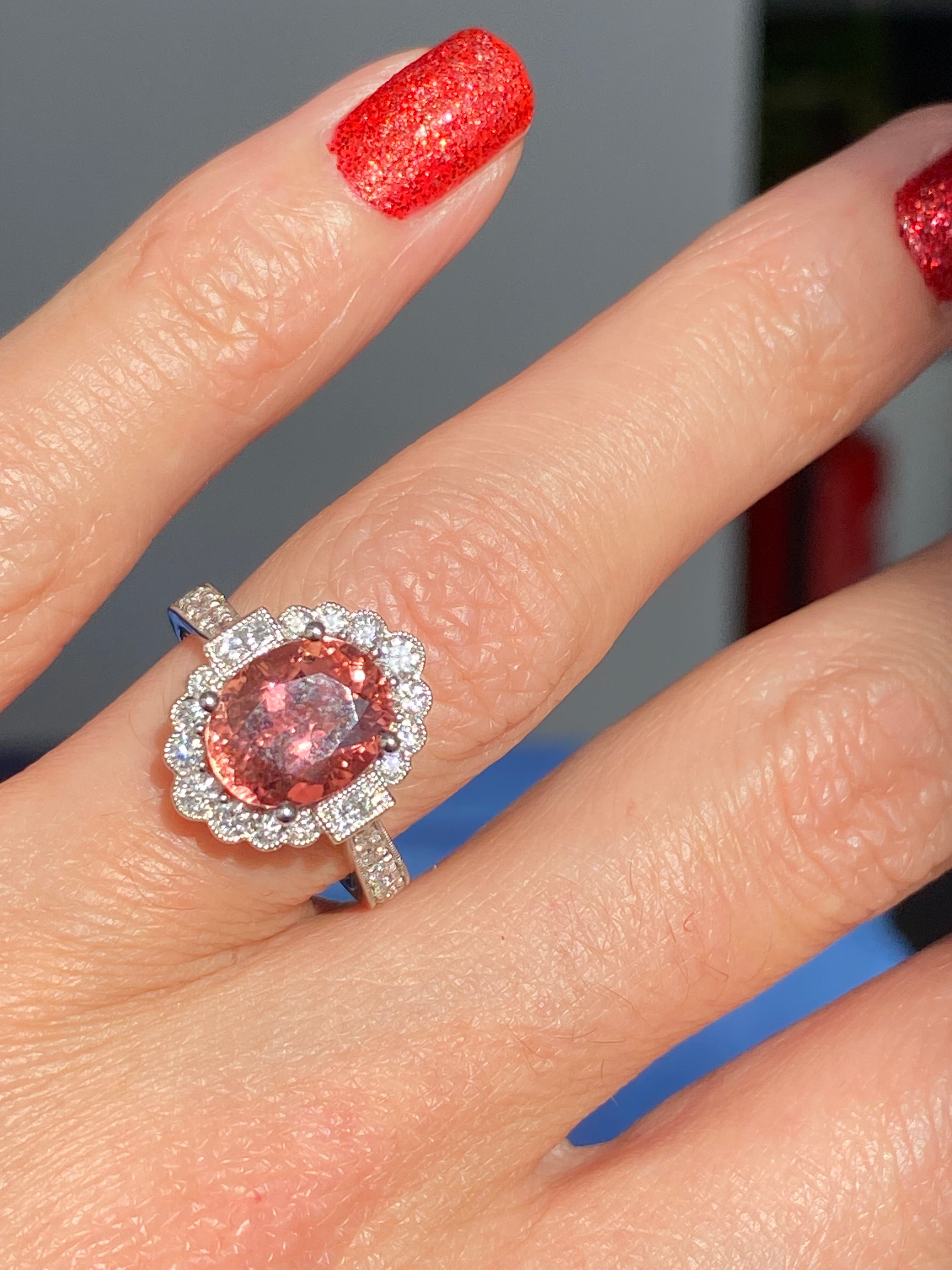 3.69 CTW Rose Tourmaline and Natural Diamond Halo Ring in Platinum