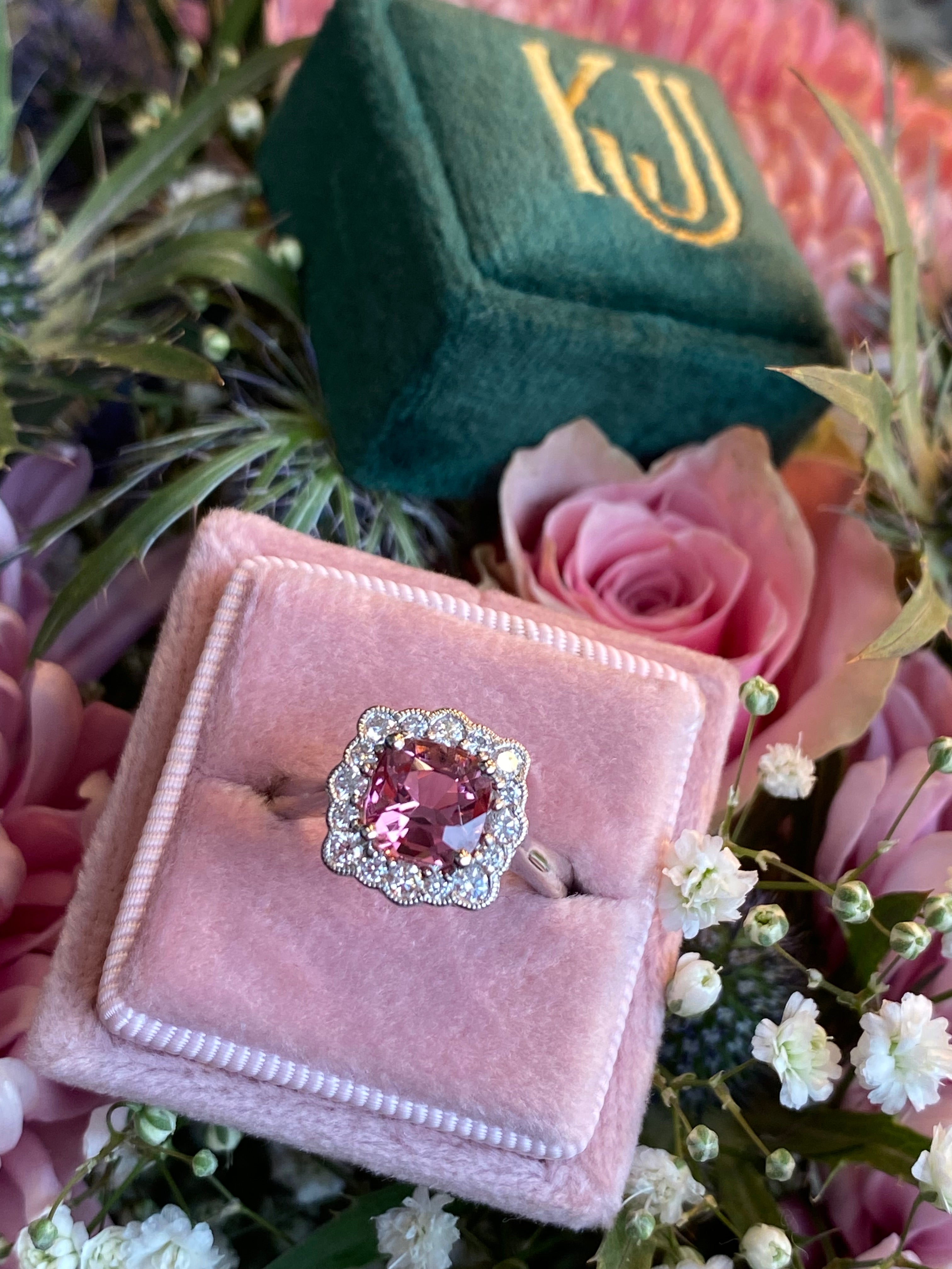 1.58 Carat Cushion Cut Pink Tourmaline and Natural Diamond Ring in Platinum