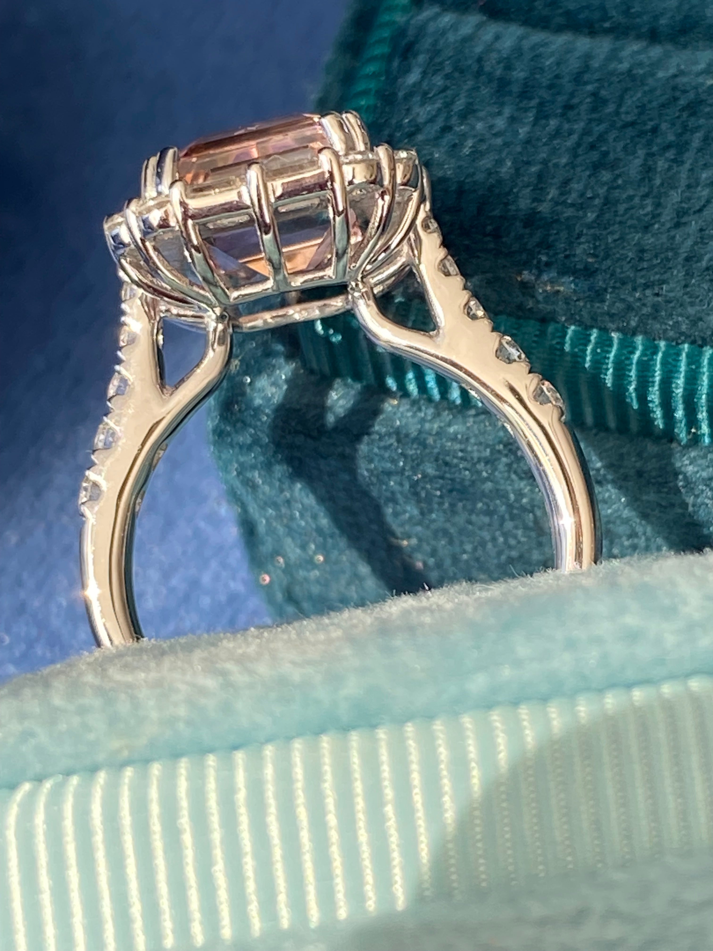 4.71 CTW Emerald Cut Pink Tourmaline and Natural Diamond Halo Ring in Platinum