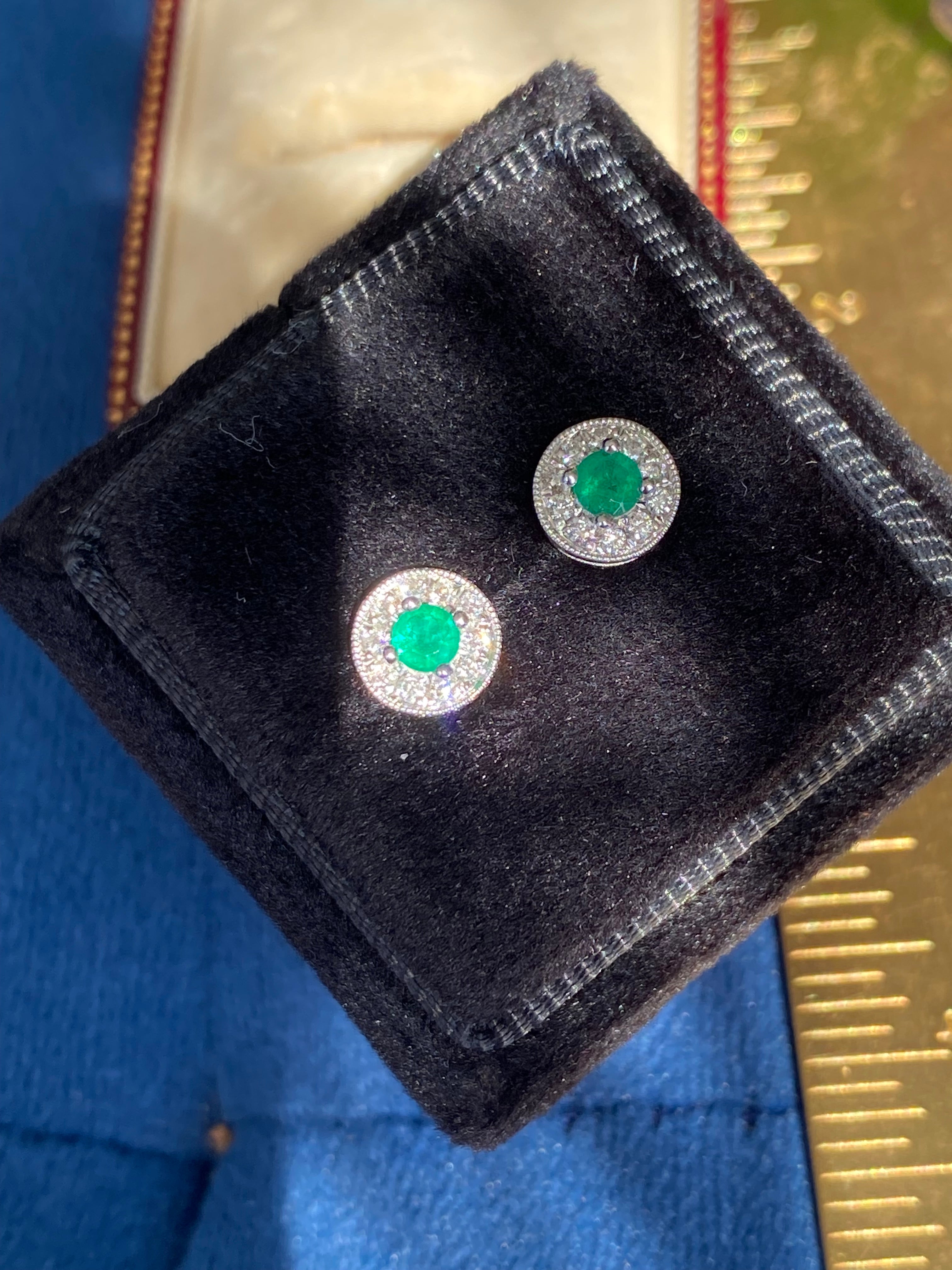 Emerald and Natural Diamond Halo Stud Earrings in 18ct White Gold