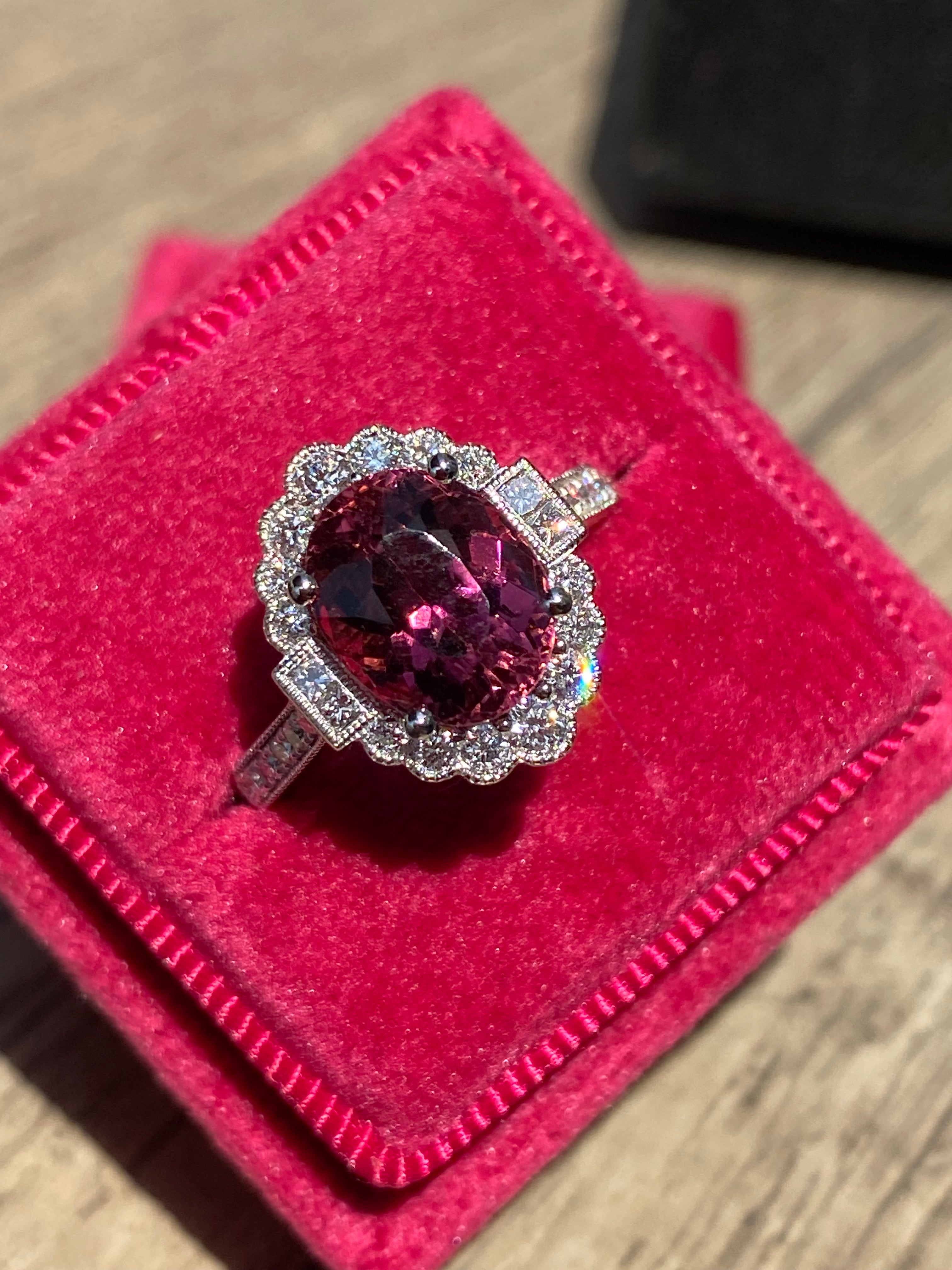 3.13 Carat Oval Cut Pink Tourmaline and Natural Diamond Ring in Platinum