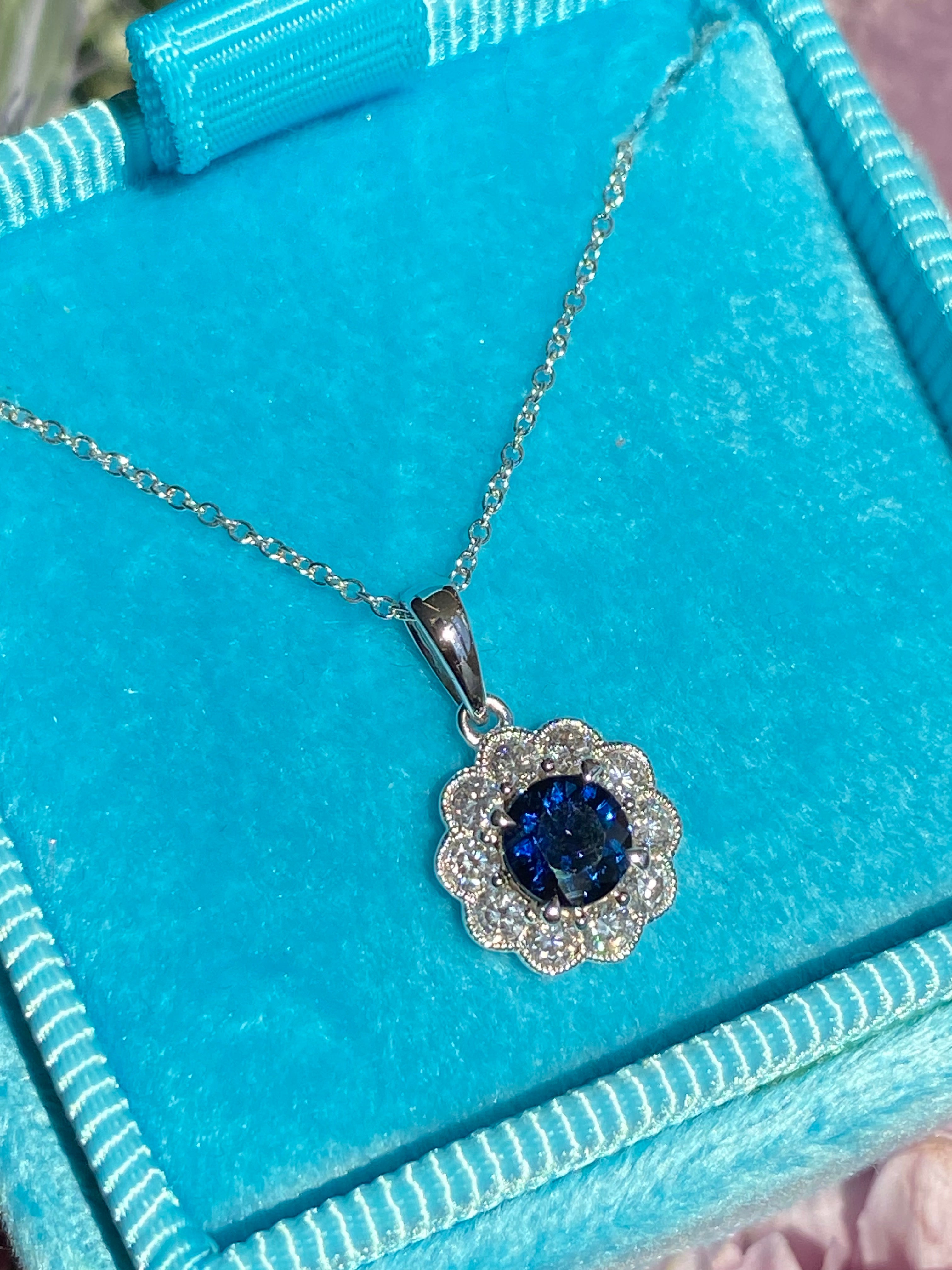 0.86 CTW Sapphire and Natural Diamond Pendant Necklace in 18ct White Gold