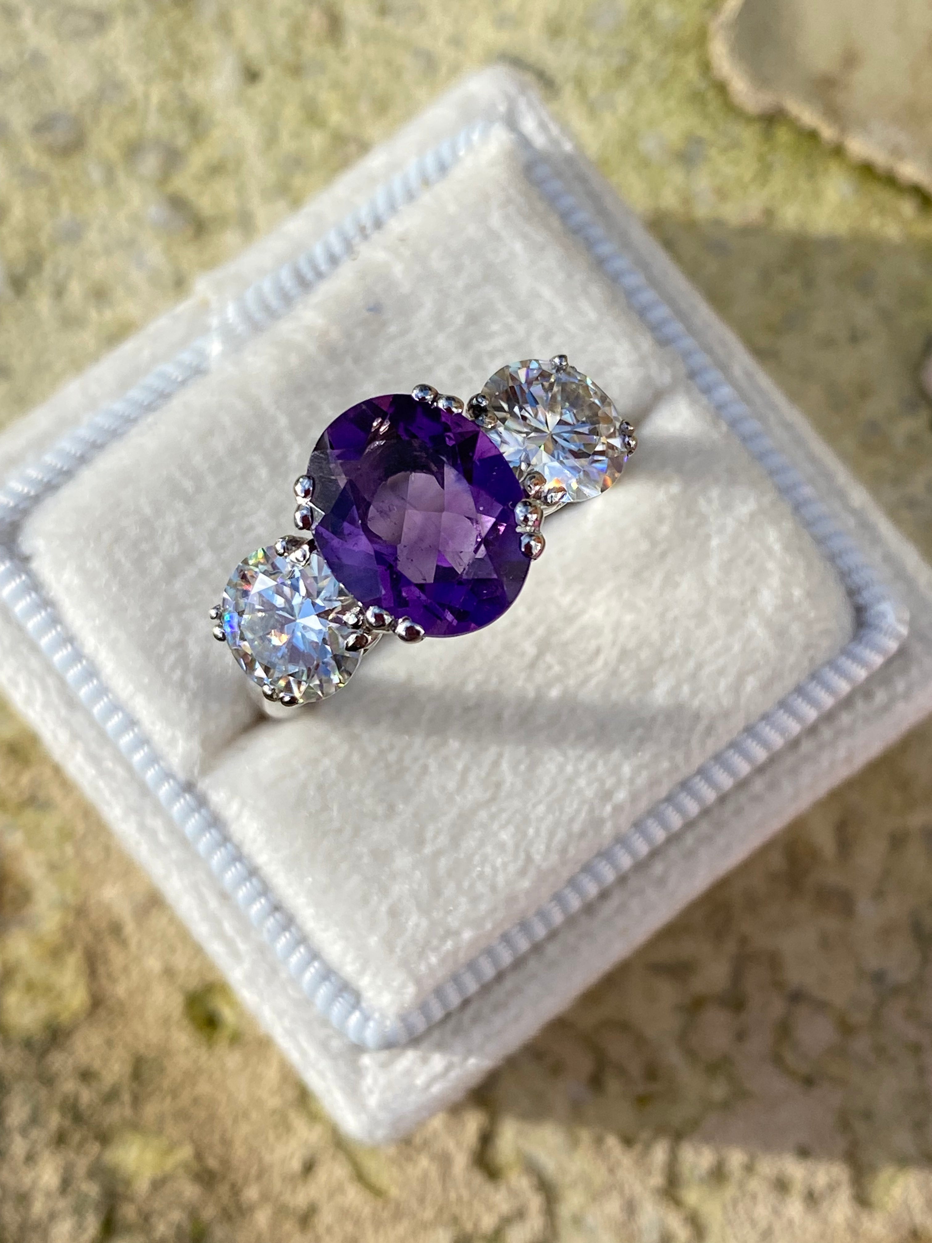 2.57 Carat Amethyst and 1.84 Carat Moissanite Three Stone Ring in Sterling Silver