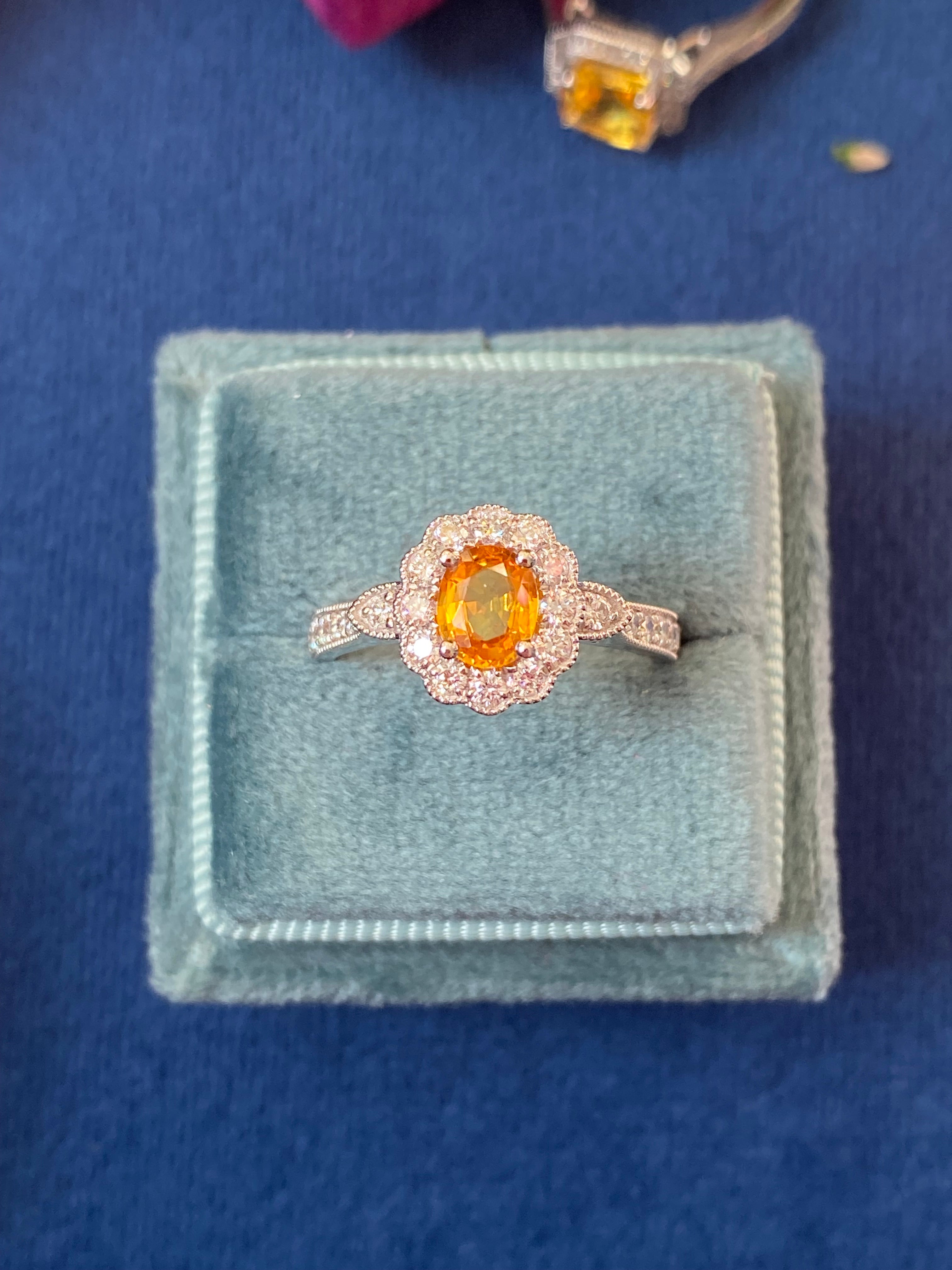 1.20ctw Orangey Yellow Sapphire and Natural Diamond Halo Ring in Platinum