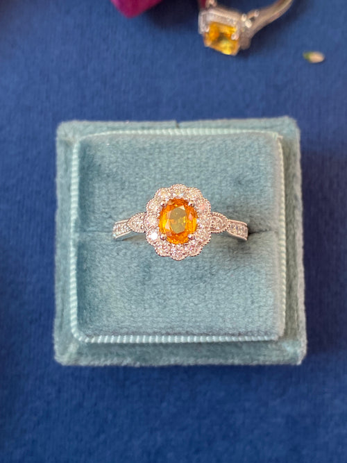 1.20ctw Orangey Yellow Sapphire and Natural Diamond Halo Ring in Platinum