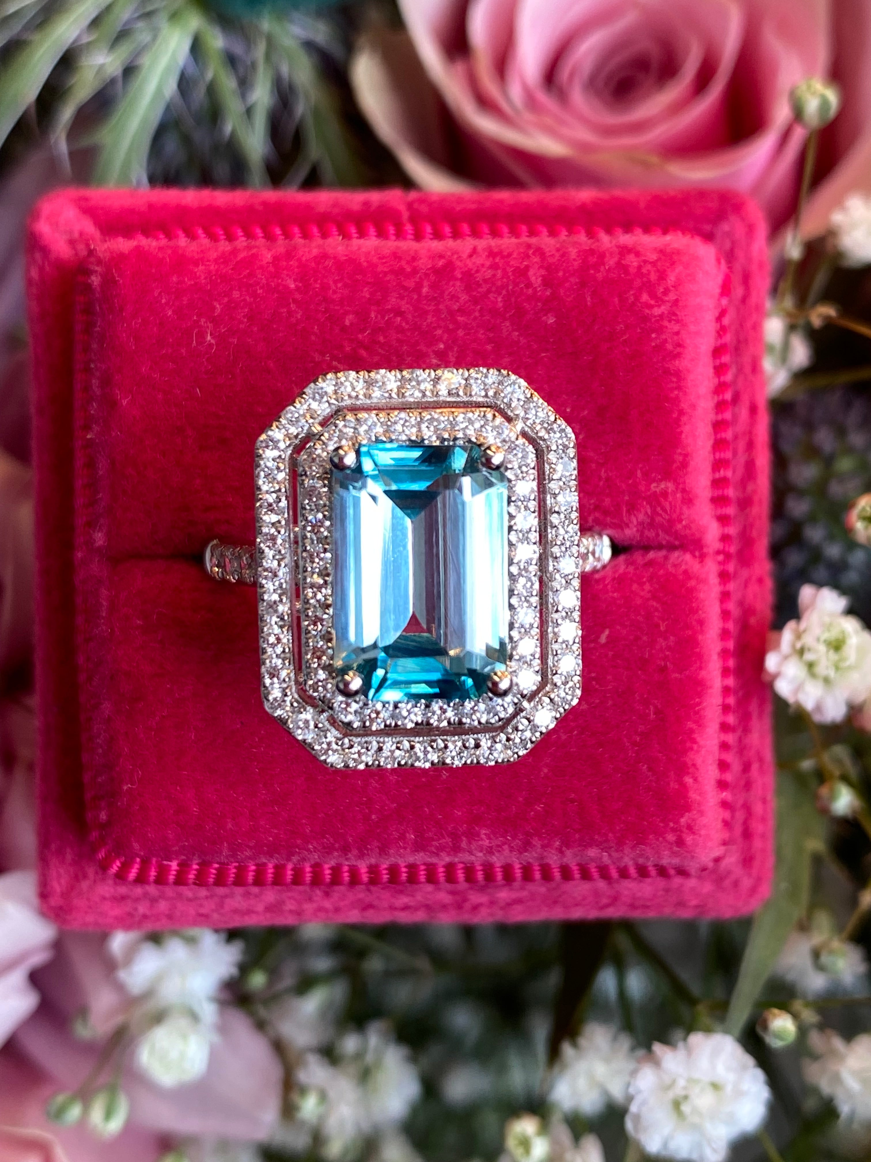 4.74 Ctw Blue Zircon and Natural Diamond Halo Ring in Platinum