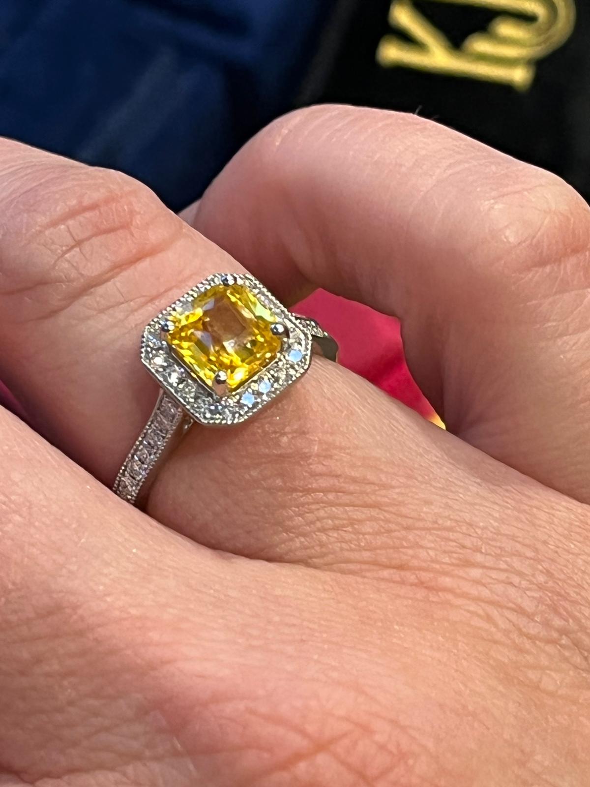 2.06 Carat Yellow Sapphire and Natural Diamond Halo Ring in Platinum