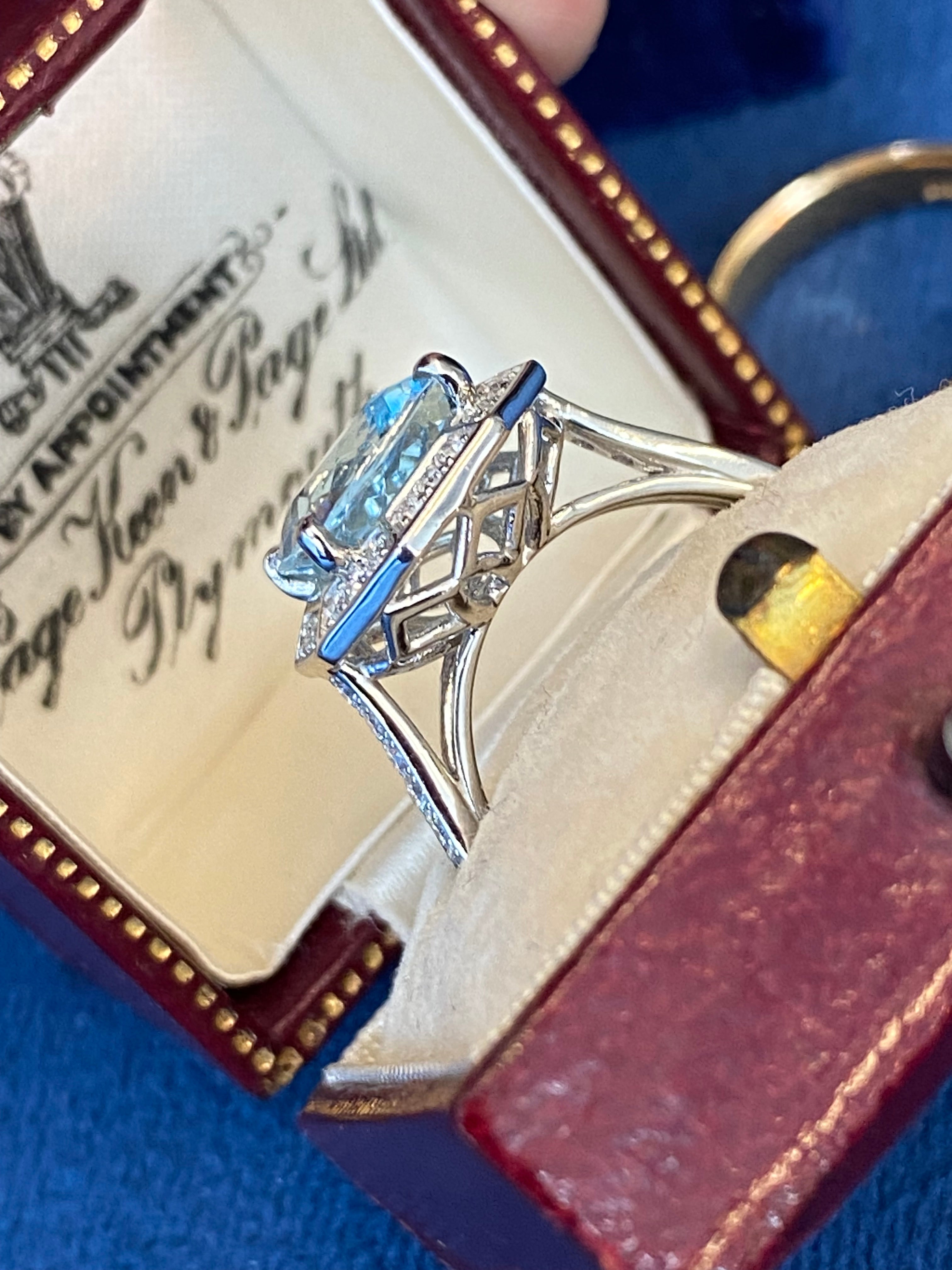 3.03 CTW Cushion Cut Art Deco Style Aquamarine and Natural Diamond Halo Engagement Ring in Platinum