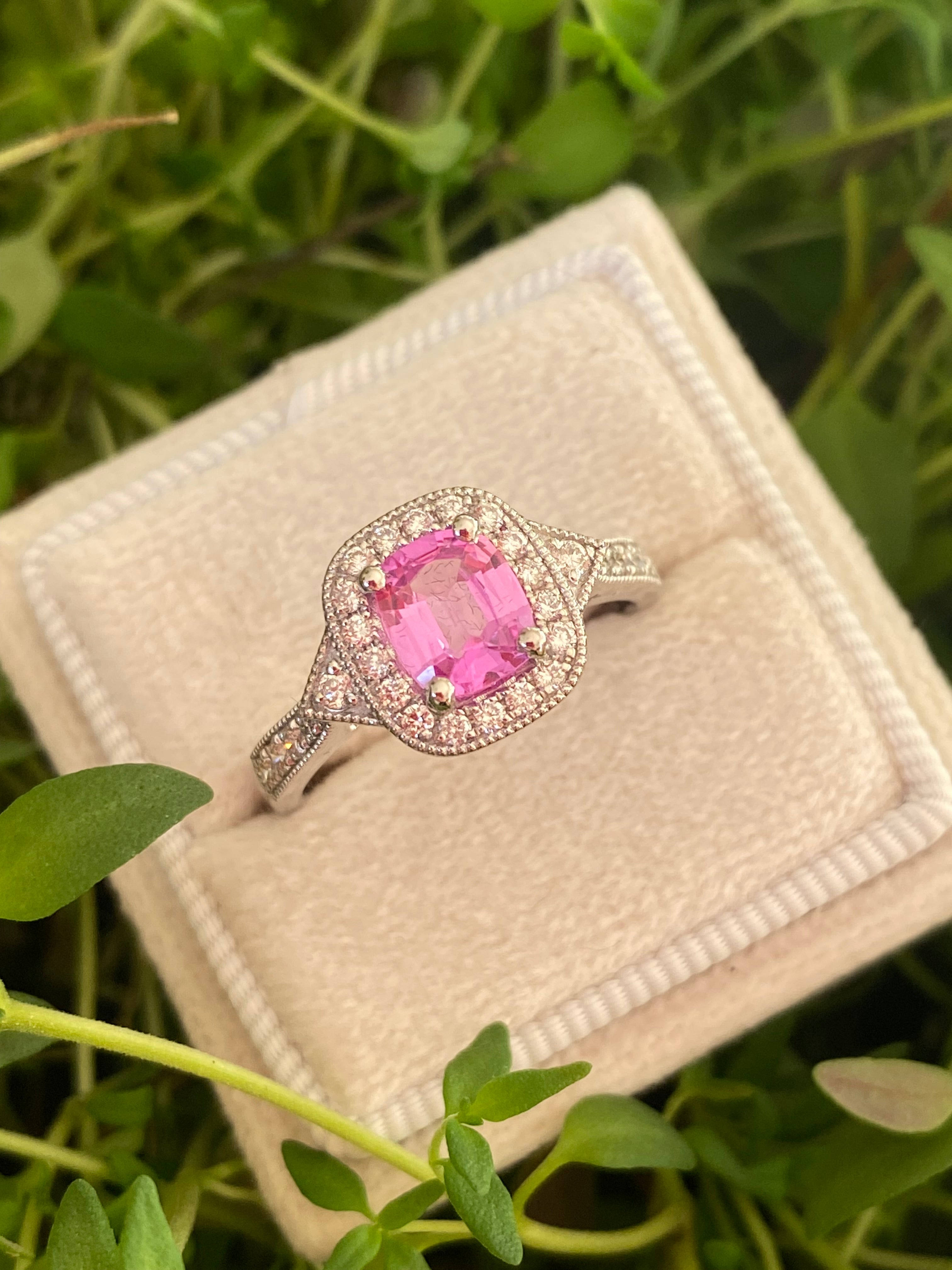 0.98 Carat Cushion Cut Pink Sapphire and 0.28 CTW Natural Diamond Halo Ring in Platinum