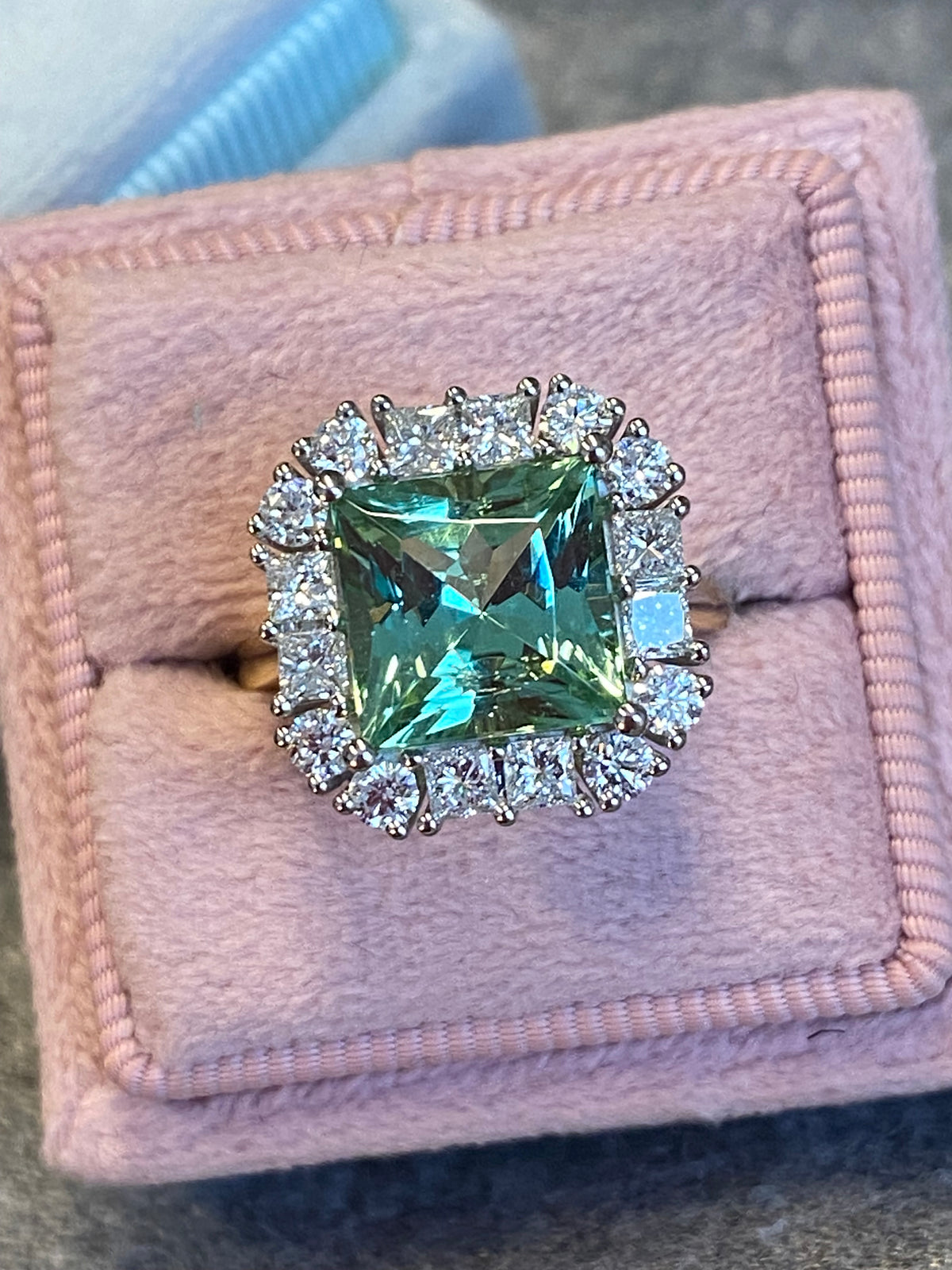 4.73 CTW Princess Cut Mint Tourmaline and Natural Diamond Ring in Platinum and 18ct Yellow Gold