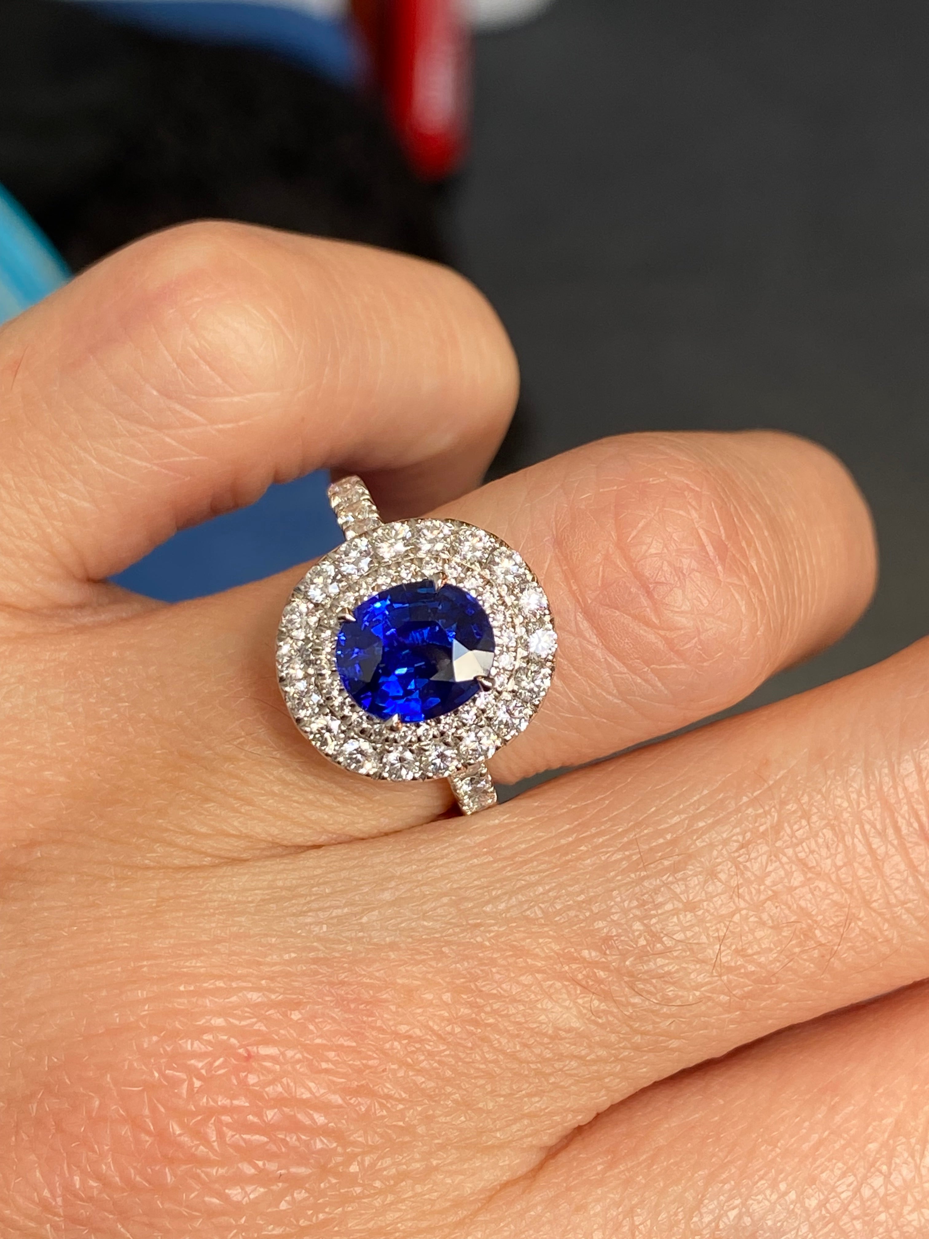 2.21 Carat Blue Ceylon Sapphire and 1.04 CTW Natural Diamond Halo Ring in Platinum