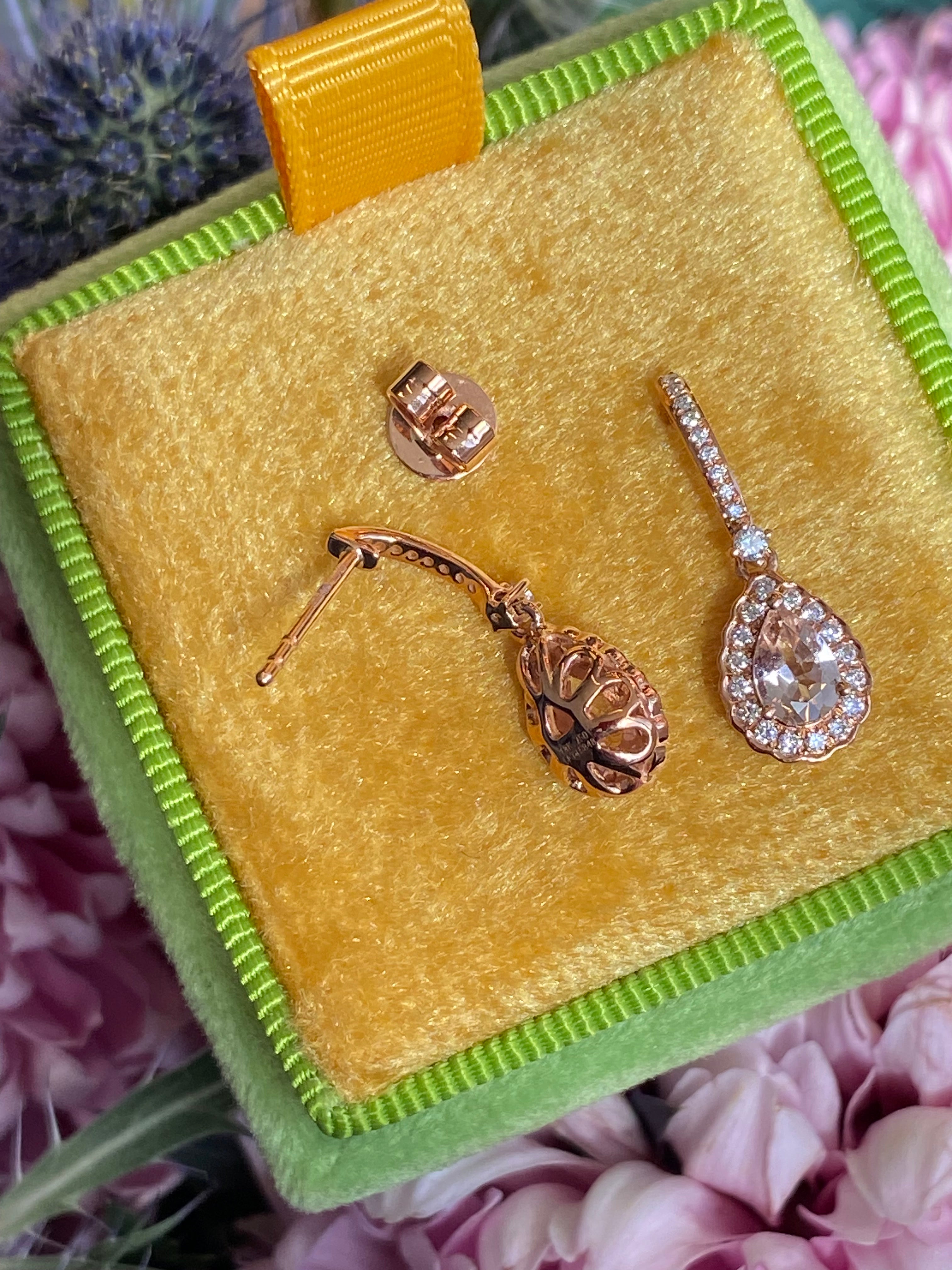 Beautiful Pear Cut Morganite and Natural Diamond Drop Earrings in 18ct Rose Gold