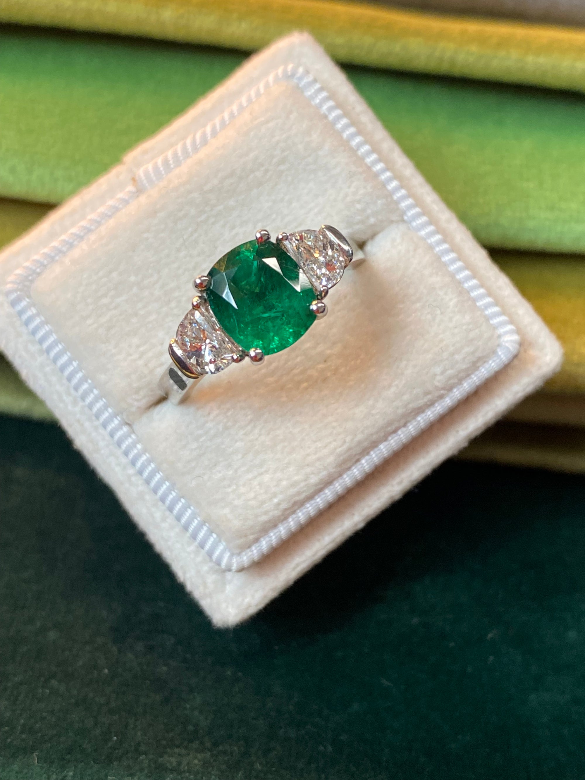 2.77 CTW Colombian Emerald and Natural Diamond Three Stone Engagement Ring Platinum