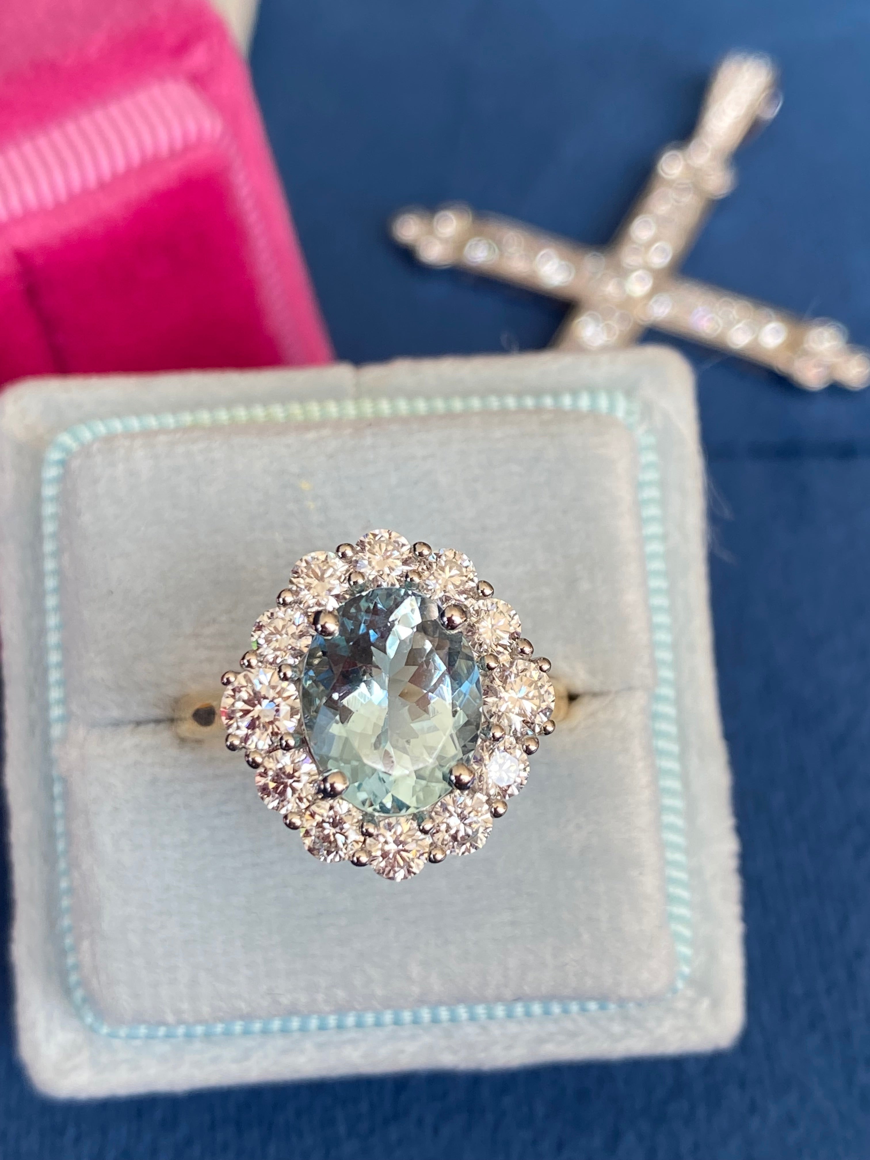 3.53 CTW Aquamarine and Natural Diamond Halo Ring in Platinum and 18ct Yellow Gold