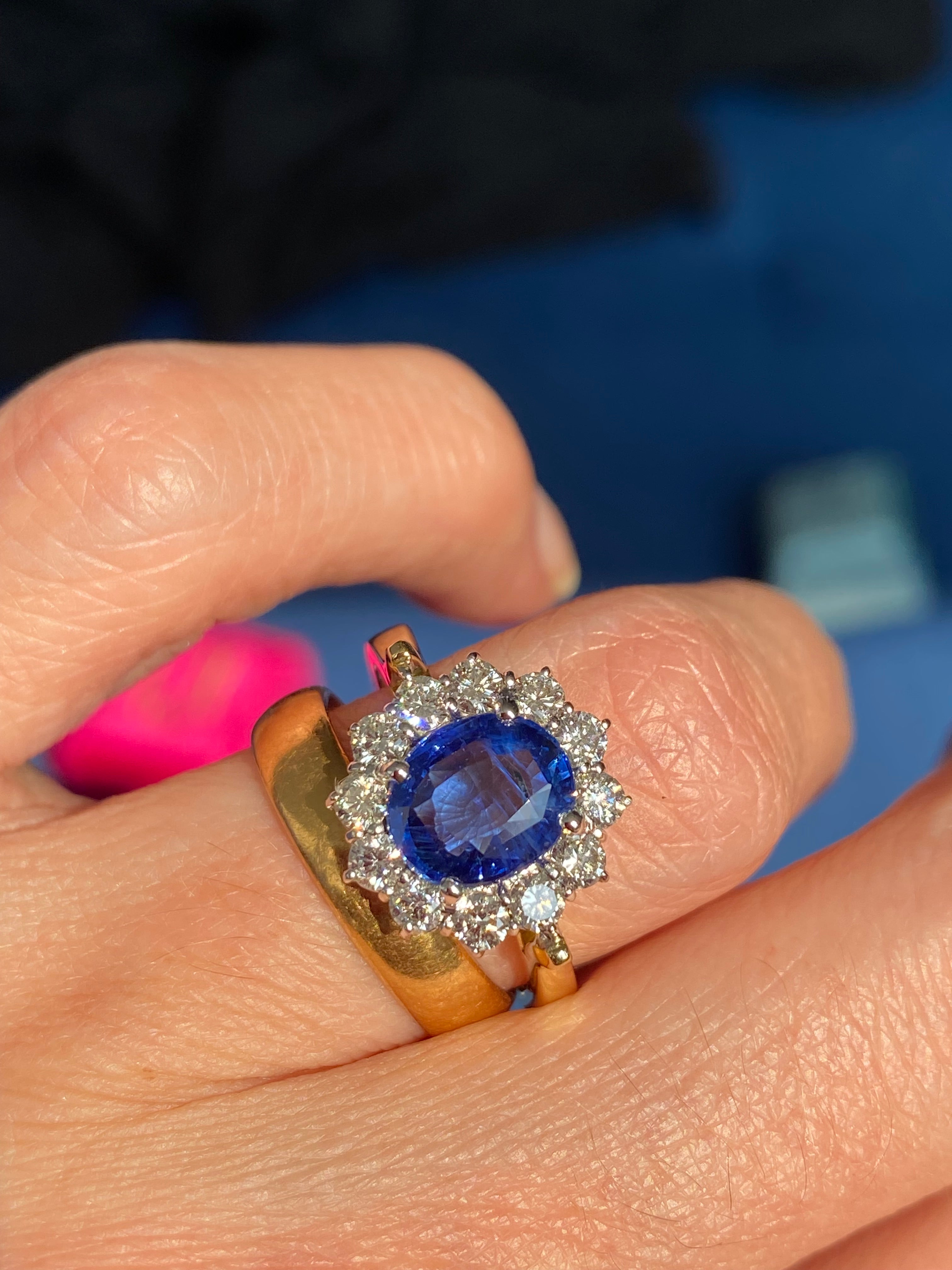 3.31 CTW Ceylon Sapphire and Natural Diamond Halo Ring in 18ct Gold