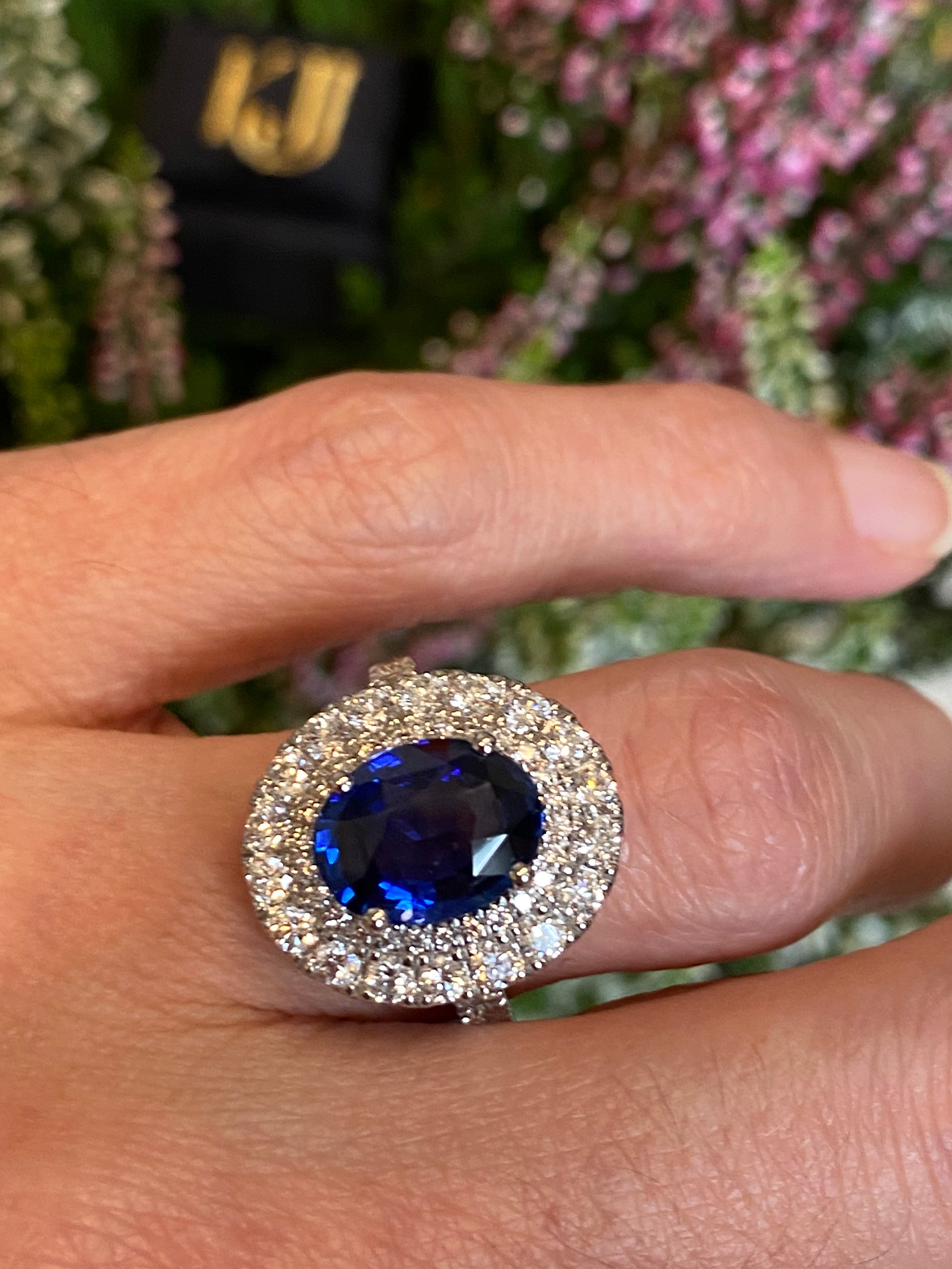 4.29 Carat Blue Ceylon Sapphire and 1.67 CTW Natural Diamond Halo Ring in Platinum