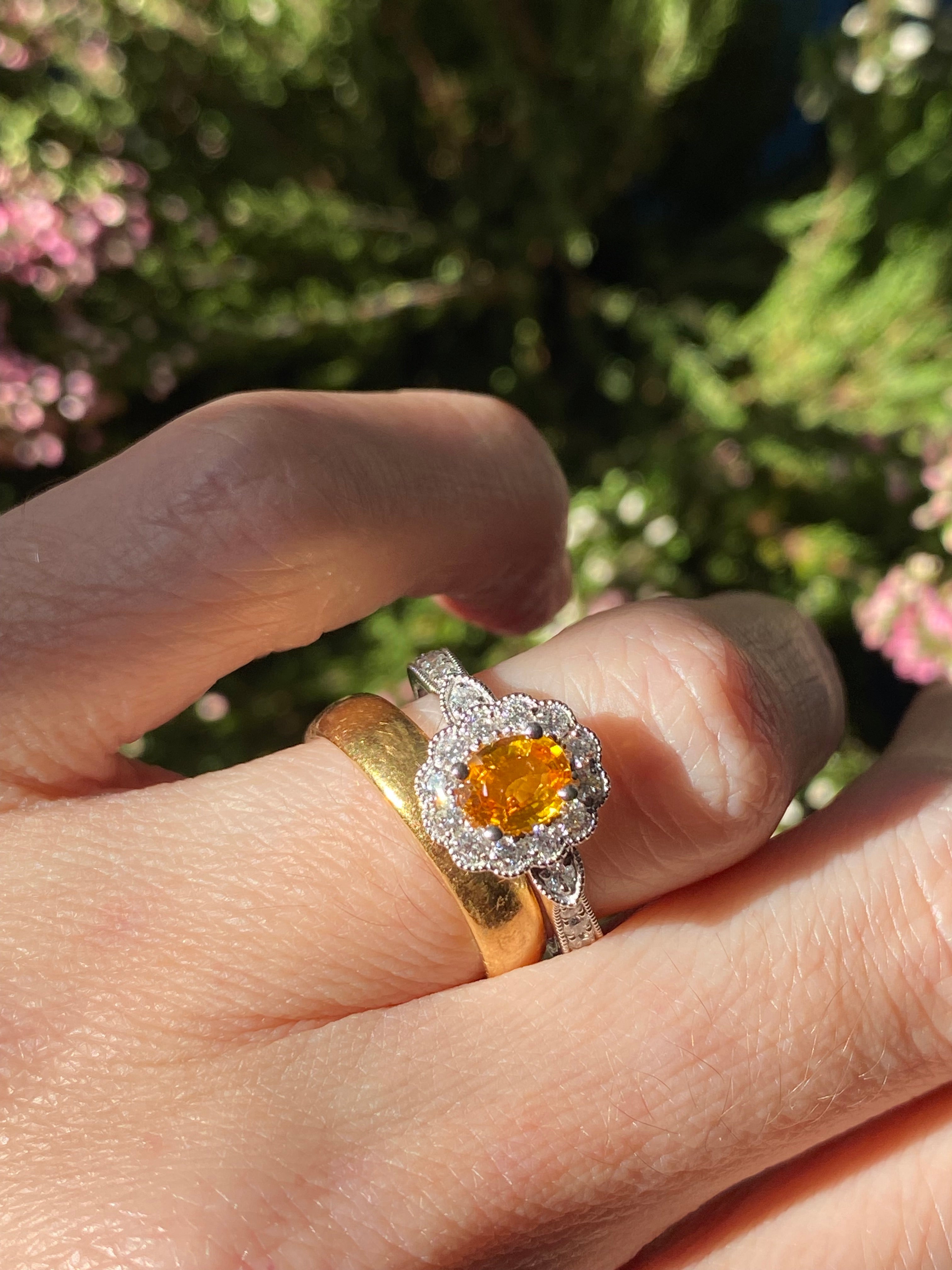 1.20ctw Orangey Yellow Sapphire and Natural Diamond Halo Ring in Platinum