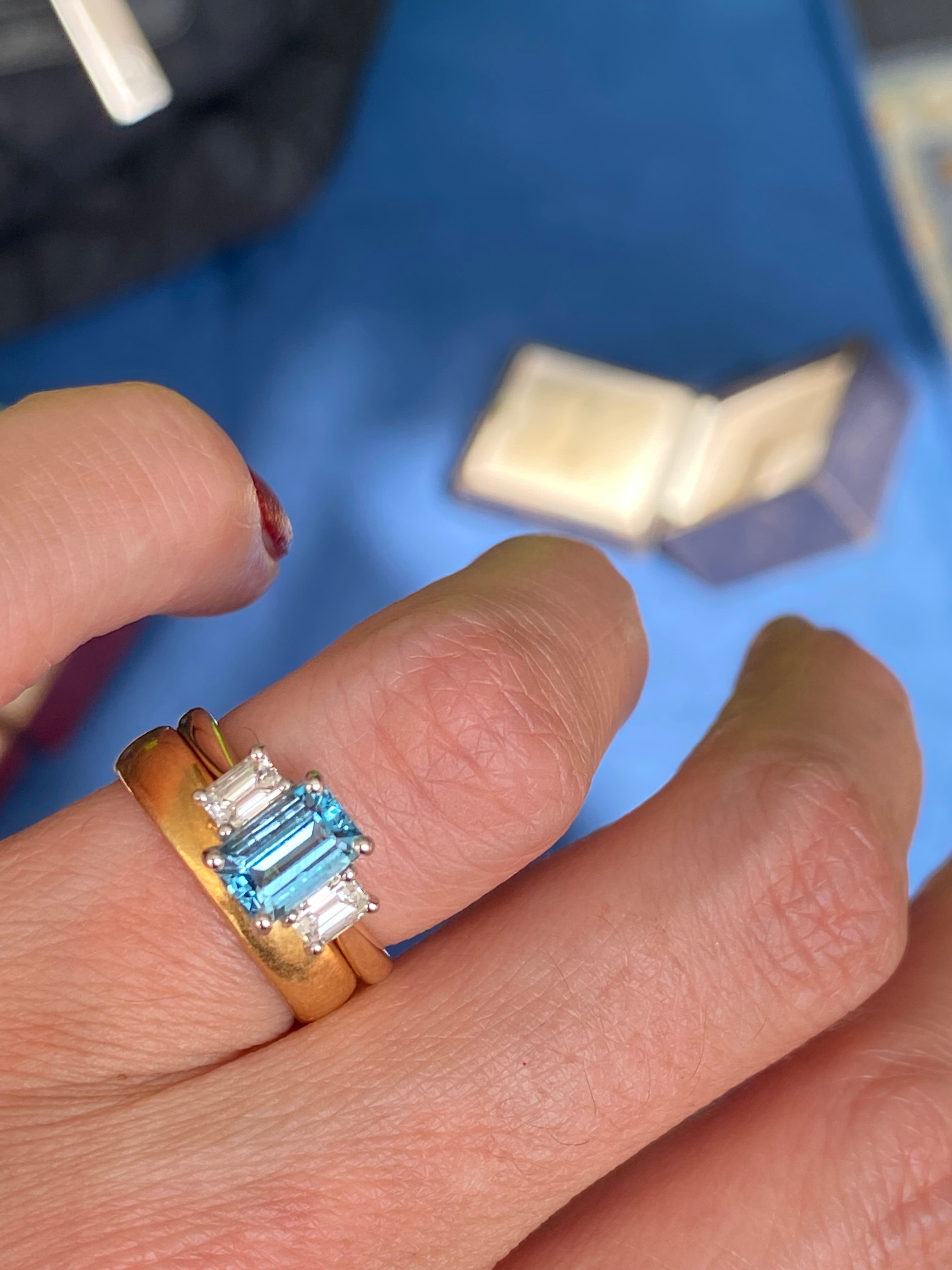 1.73 CTW Aquamarine and Natural Diamond Three Stone Ring in Platinum and 18ct Yellow Gold