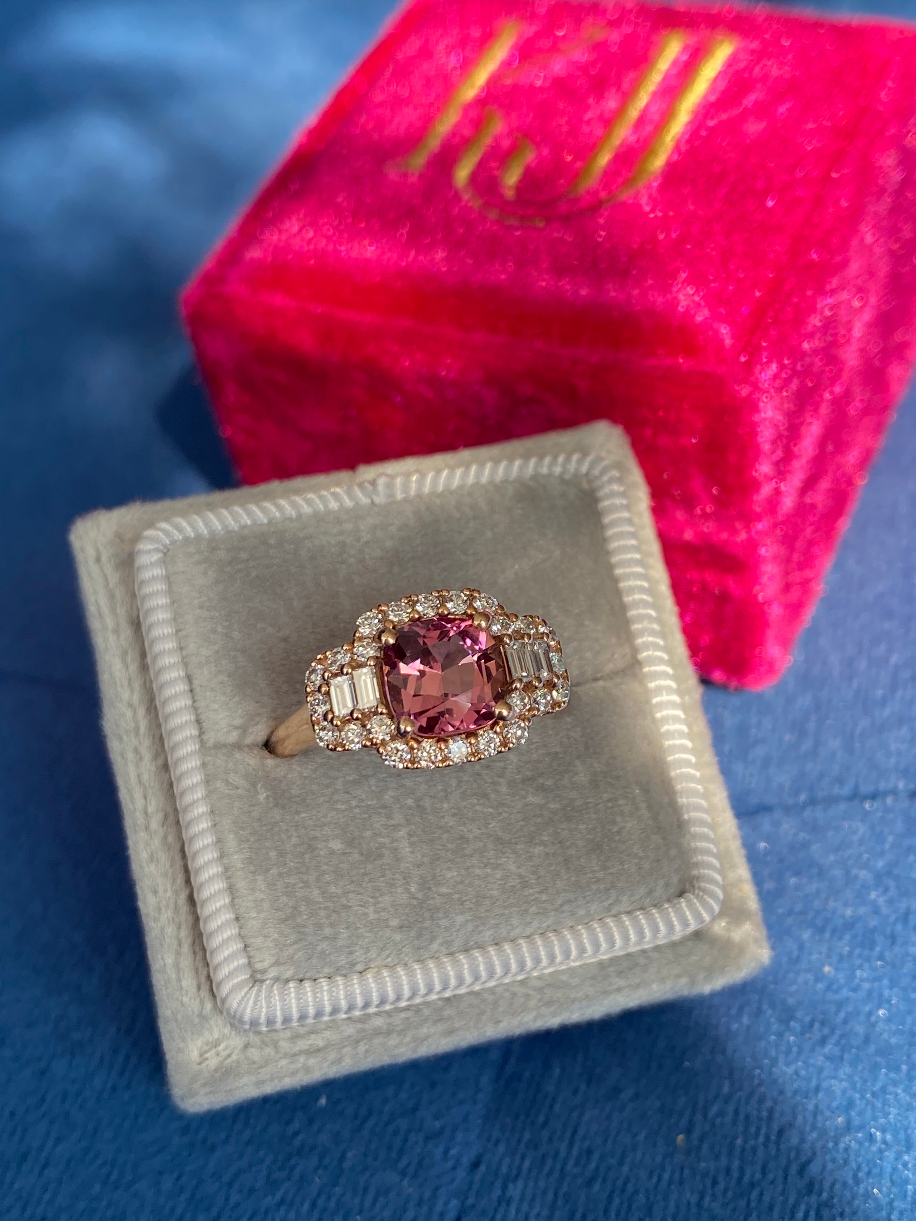 2.02 CTW Pink Tourmaline and Natural Diamond Three Stone Halo Ring in 18ct Rose Gold