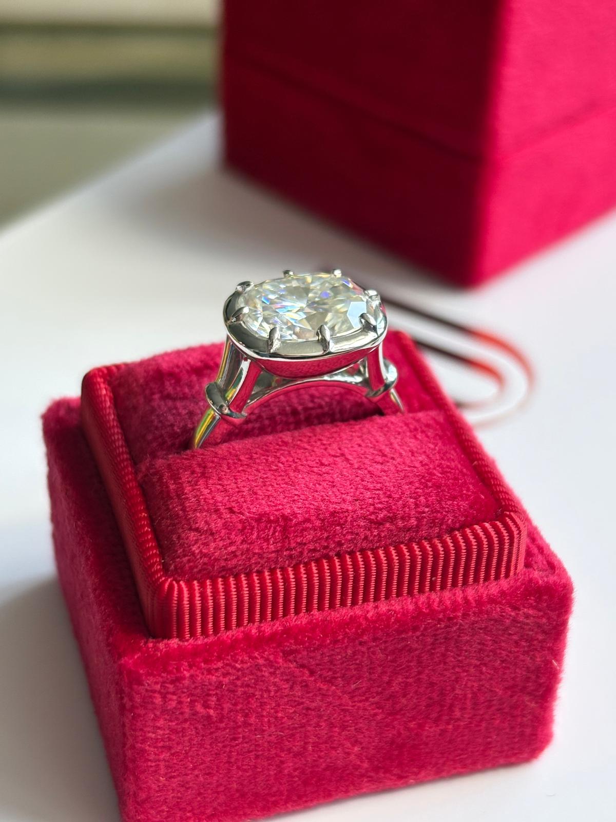 4.00 Carat Georgian Style Button Back Cushion Cut Moissanite East West Solitaire Ring in Sterling Silver