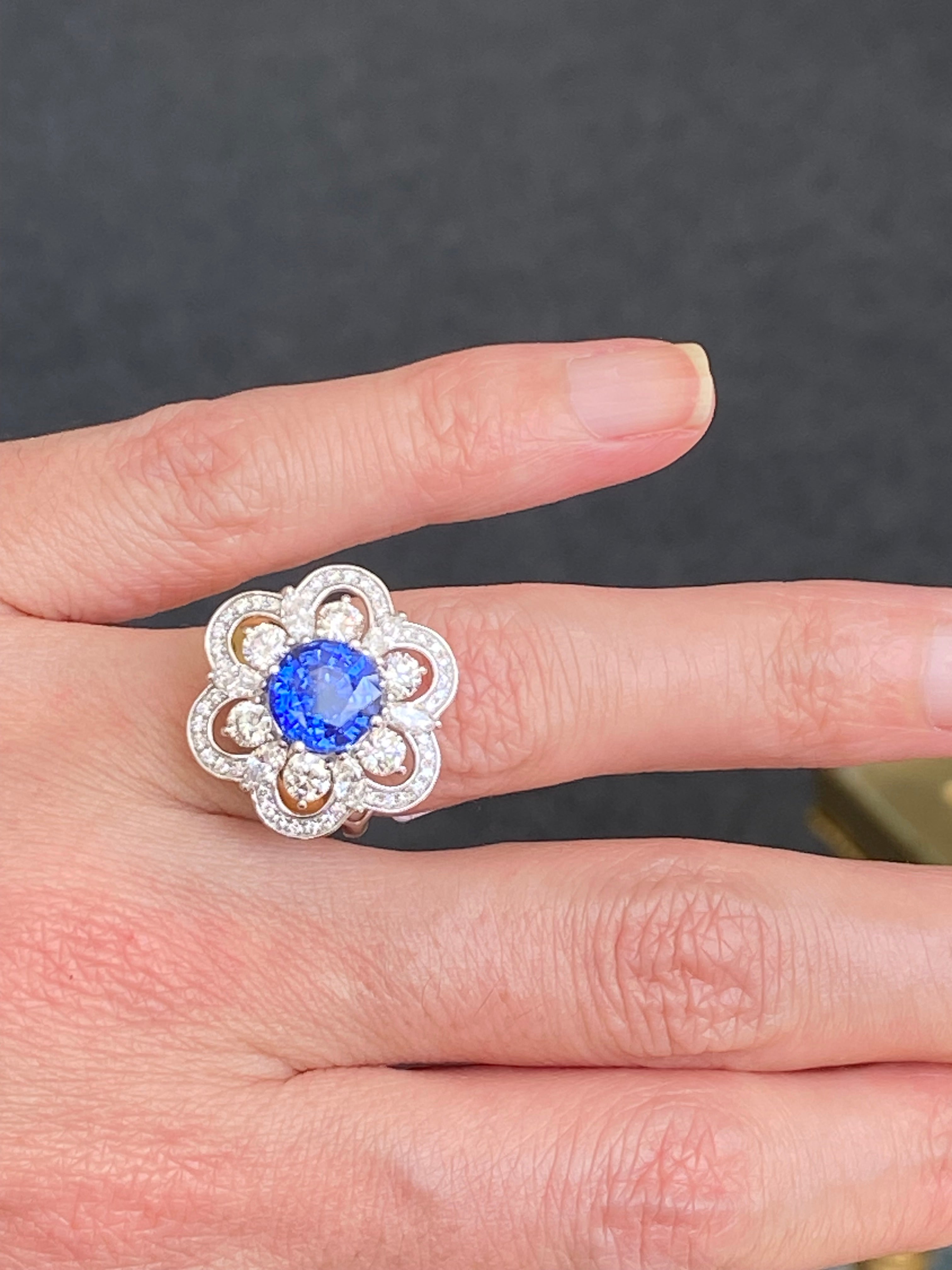 Masterpiece Showstopper 5.44 CTW Ceylon Sapphire and Natural Diamond Halo Cocktail Ring in Platinum