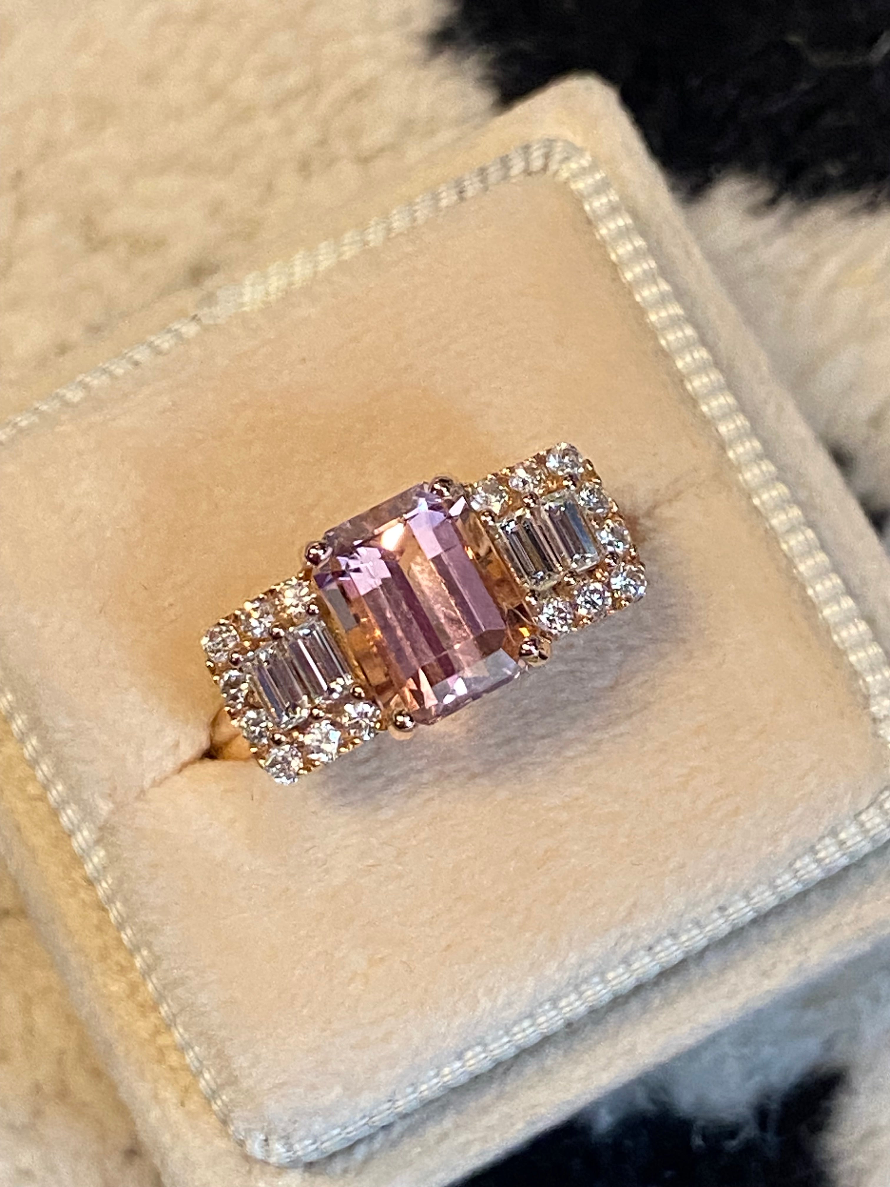 2.49 CTW Emerald Cut Morganite and Diamond Three Stone Style Engagement Ring in 18ct Rose Gold