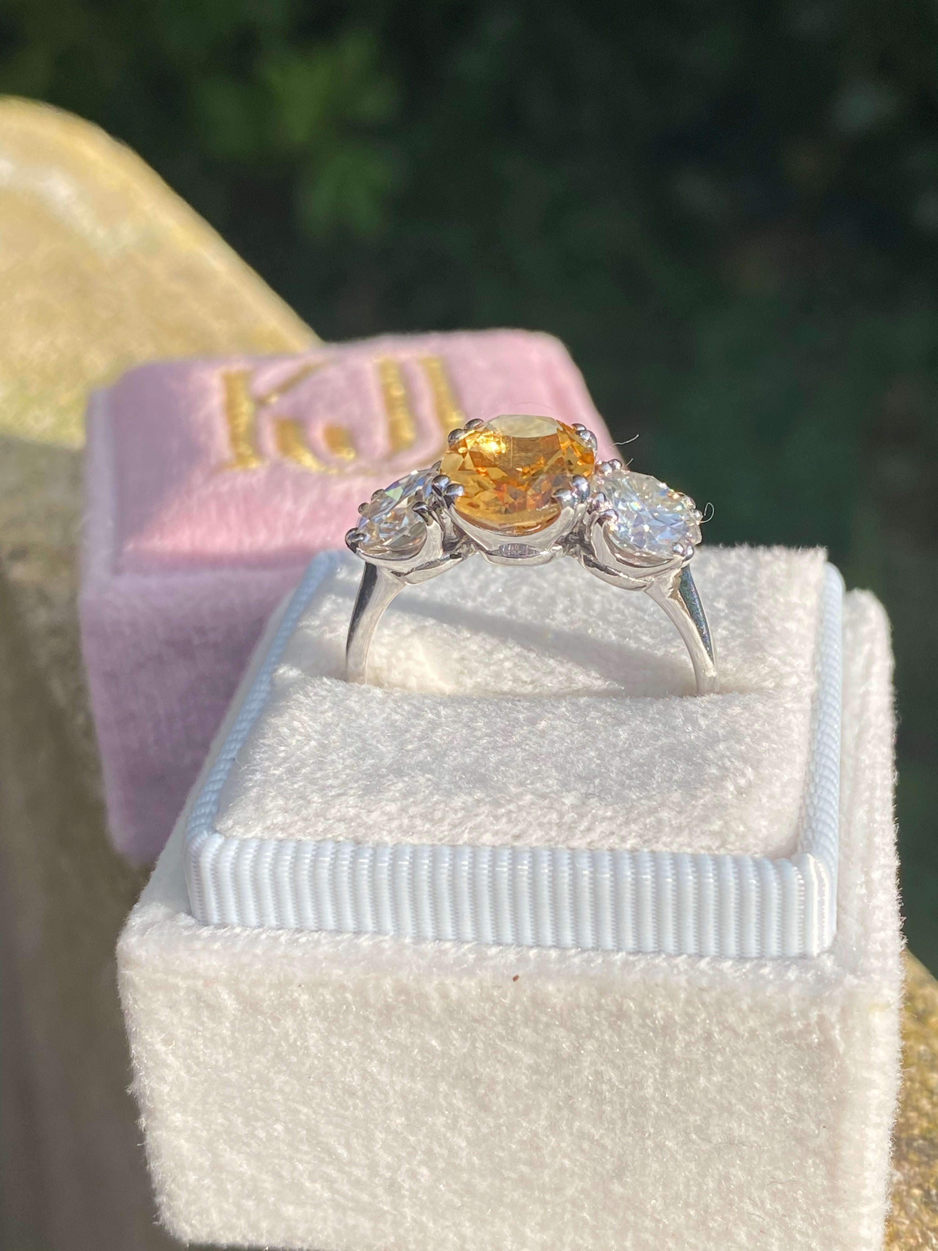 2.57 Carat Citrine and 1.84 Carat Moissanite Three Stone Ring in Sterling Silver