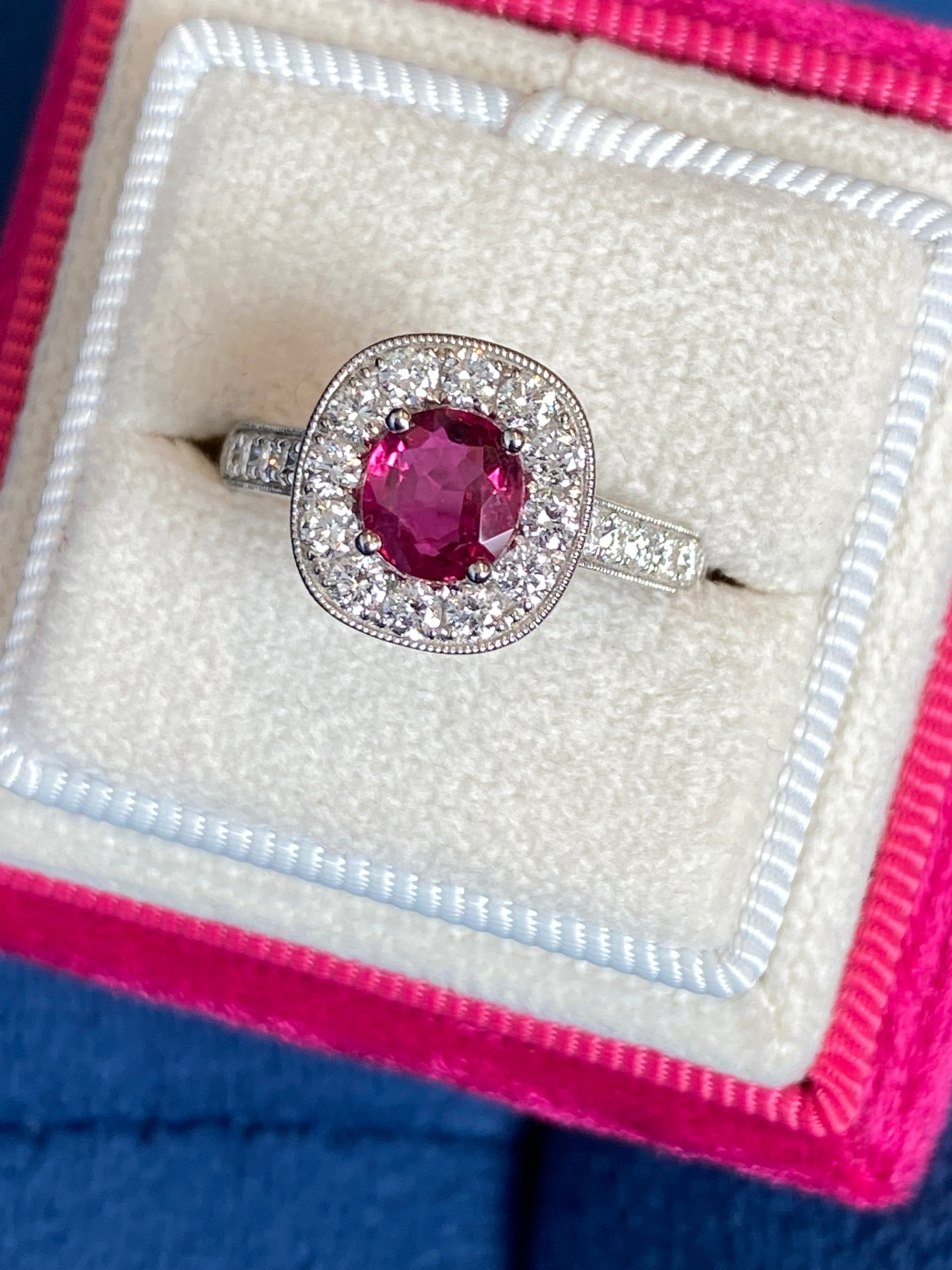 1.89 CTW Oval-Cut Ruby and Natural Diamond Halo Ring in Platinum