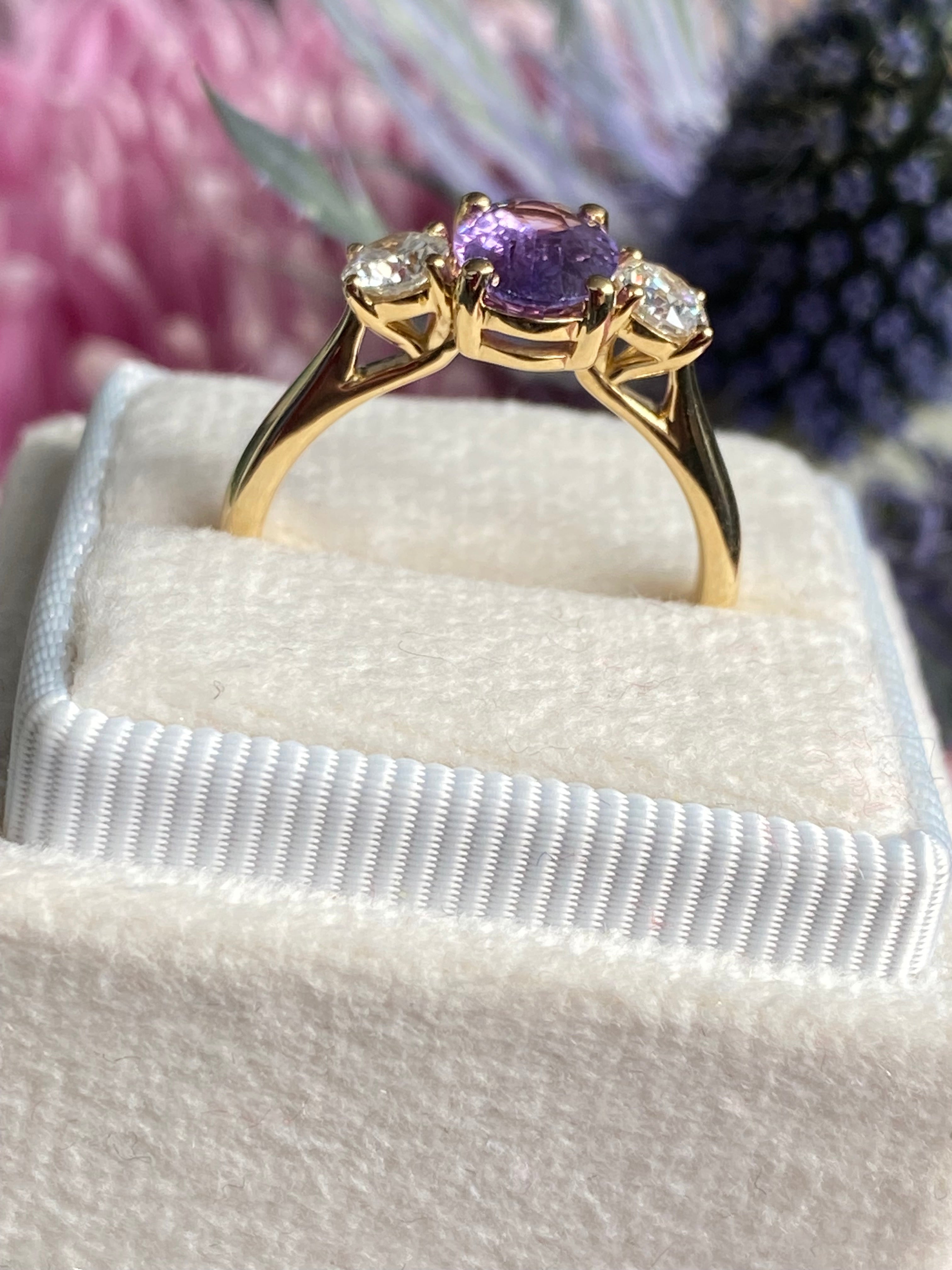 1.82 CTW Purple Sapphire and Natural Diamond Three Stone Ring in 18ct Yellow Gold