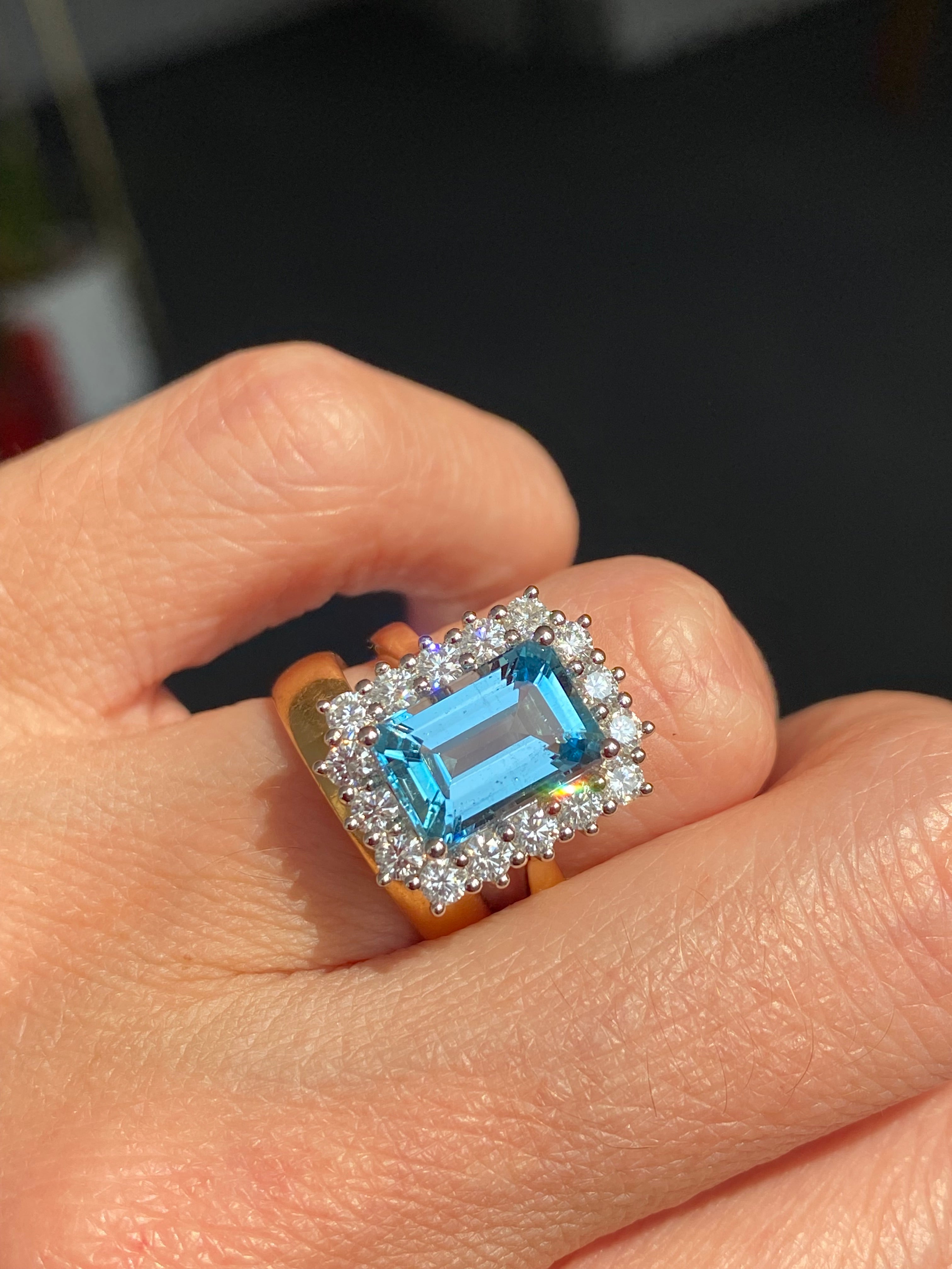 3.05 Carat Aquamarine and 0.89ctw Natural Diamond Halo Ring in Platinum and 18ct Yellow Gold