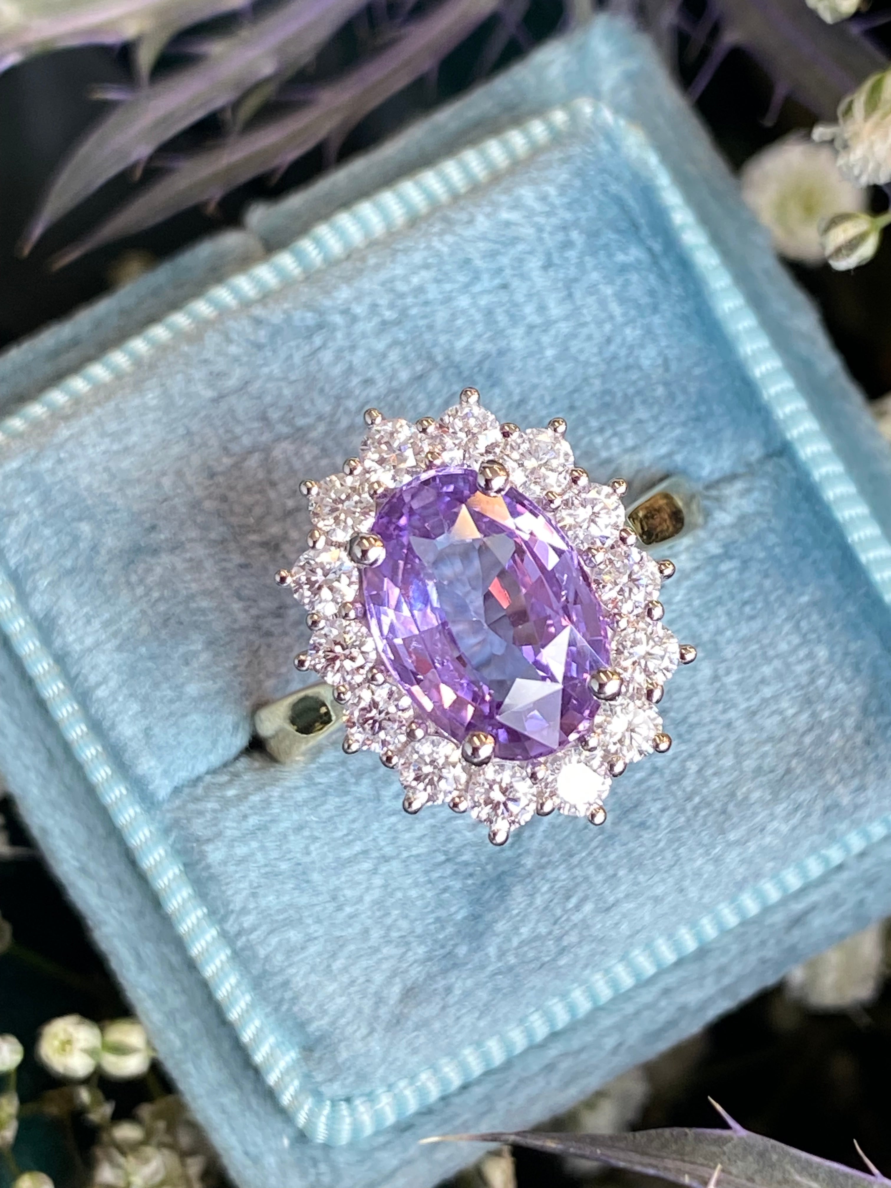 3.52 Carat No Heat Purple Sapphire and Natural Diamond Halo Ring in Platinum and 18ct Yellow Gold