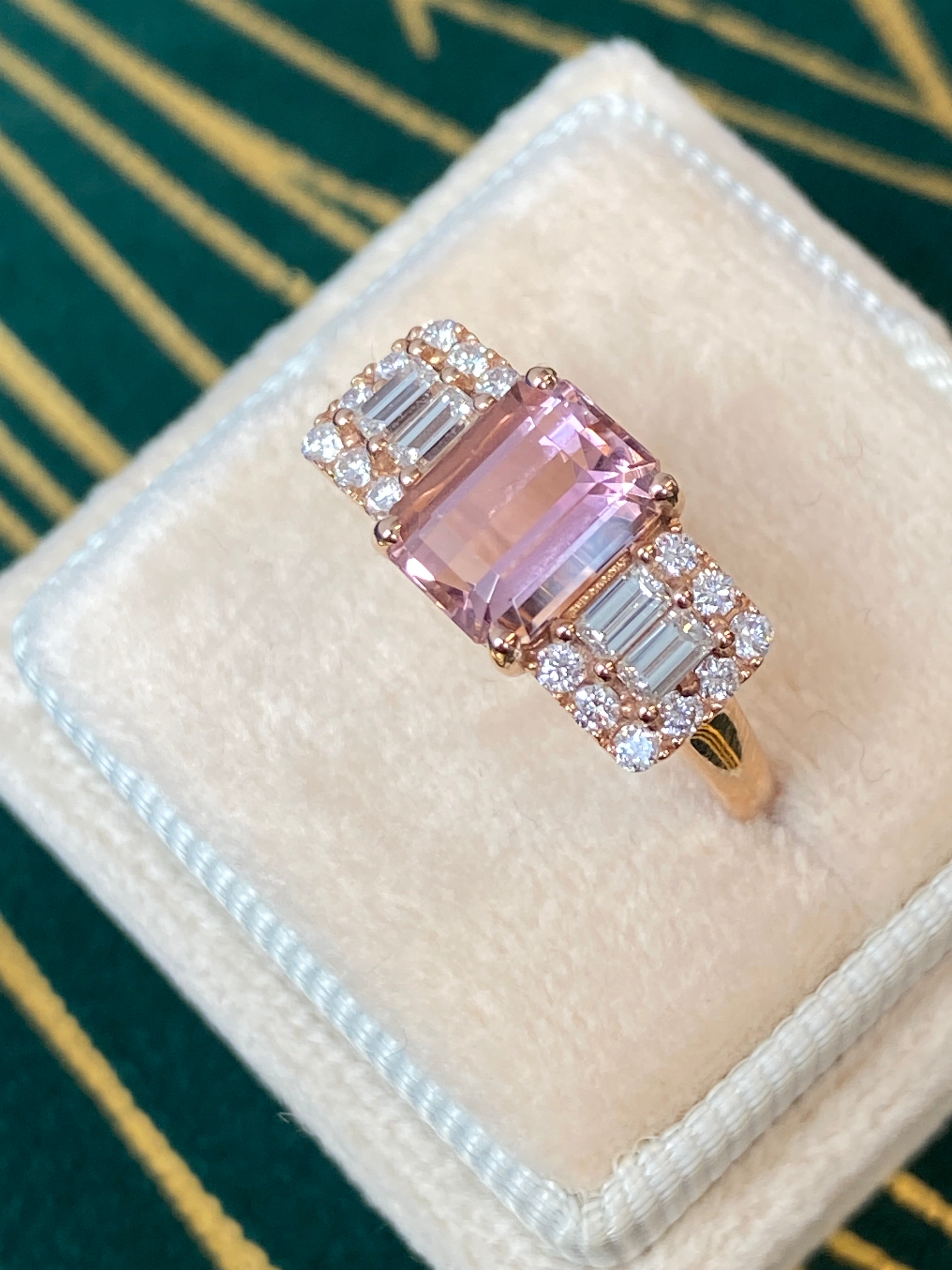 2.49 CTW Emerald Cut Morganite and Diamond Three Stone Style Engagement Ring in 18ct Rose Gold