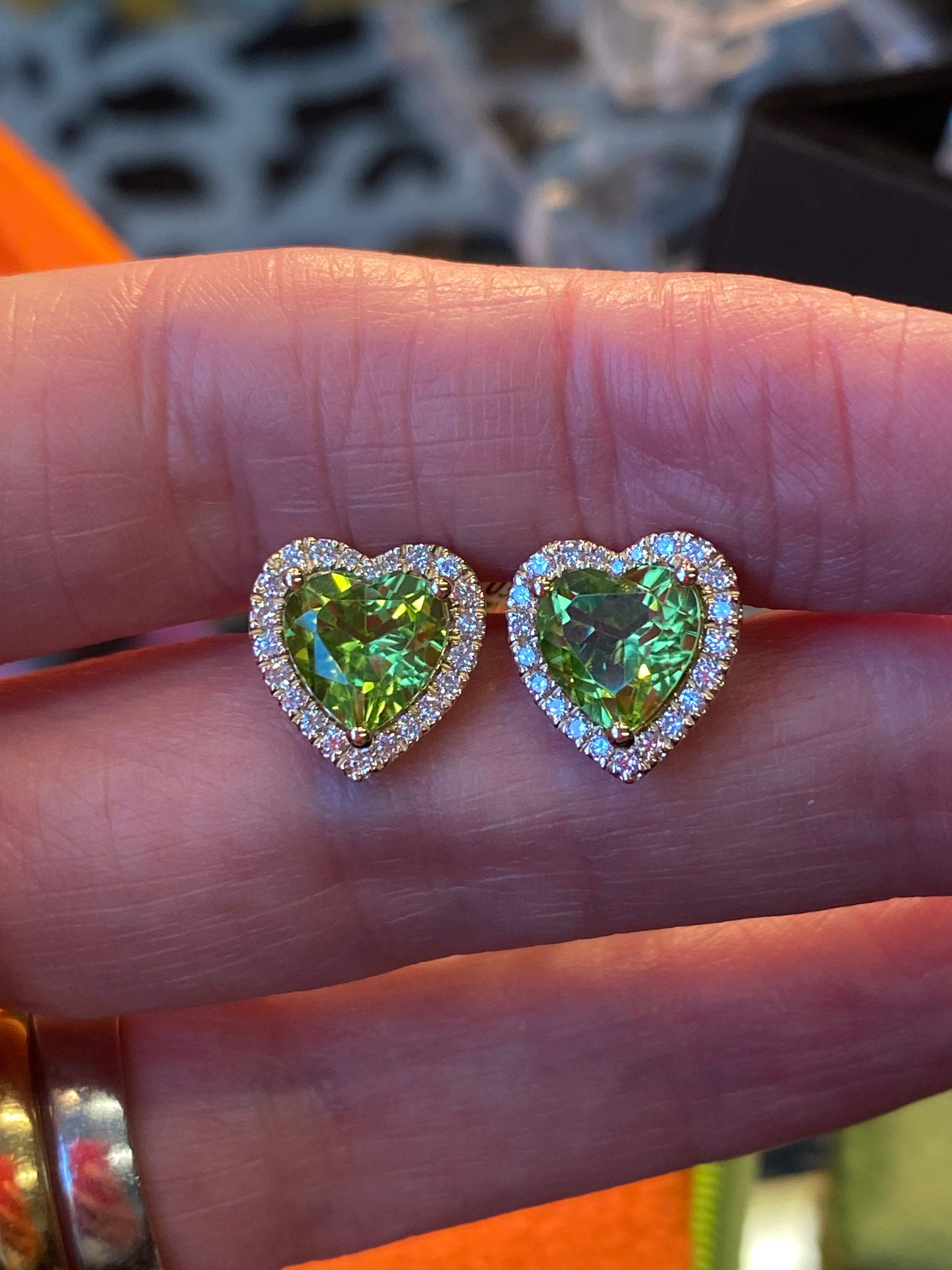 Beautiful Heart Shaped Peridot and Natural Diamond Stud Earrings in 9ct Yellow Gold