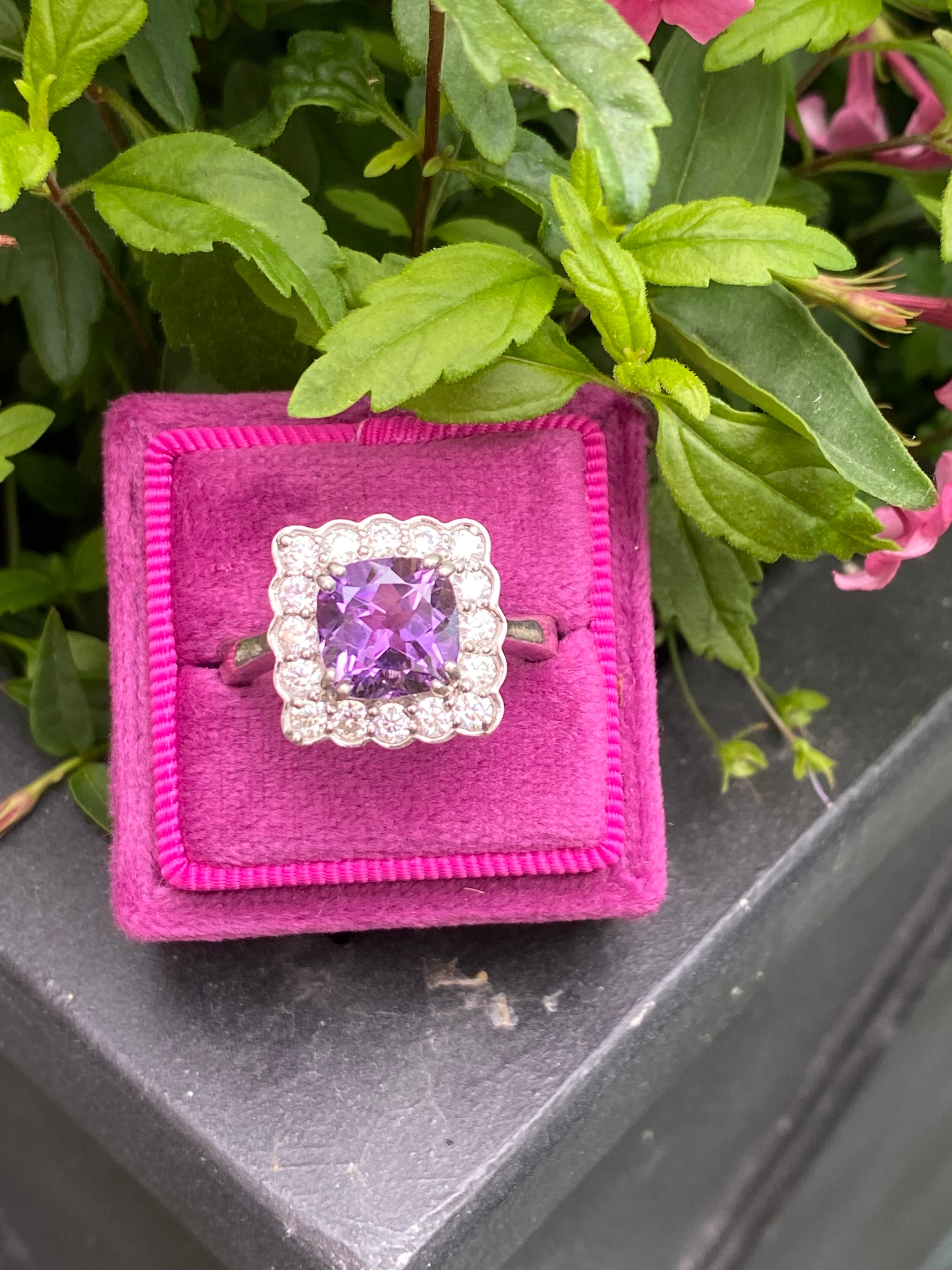 4.29 CTW Cushion Cut Amethyst and Moissanite Halo Cocktail Ring in Sterling Silver