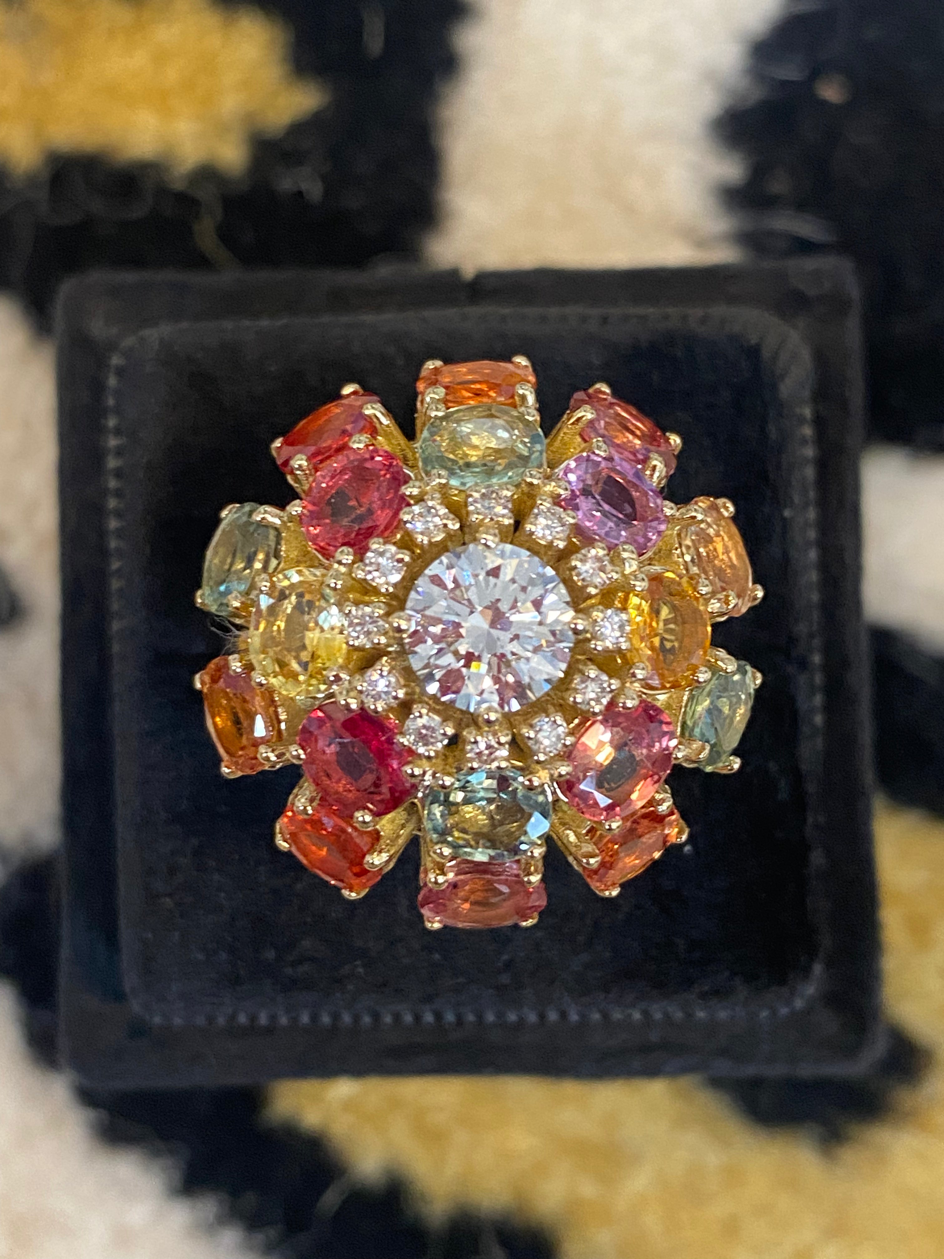 8.08 CTW Natural Diamond and Sapphire Bombe Cluster Ring in 18ct Yellow Gold