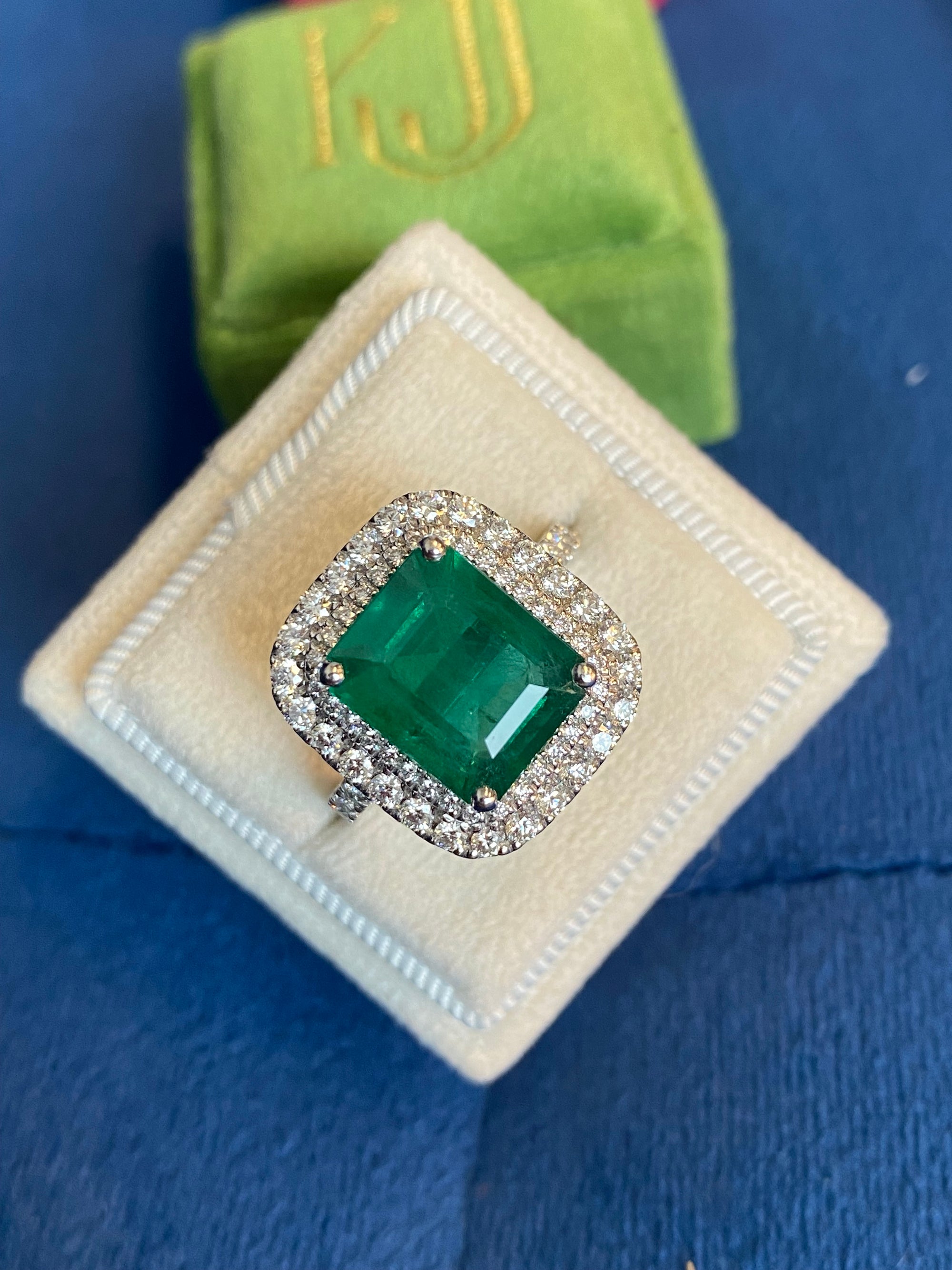 6.07 Carat Emerald Cut Emerald and Diamond Halo Ring in Platinum