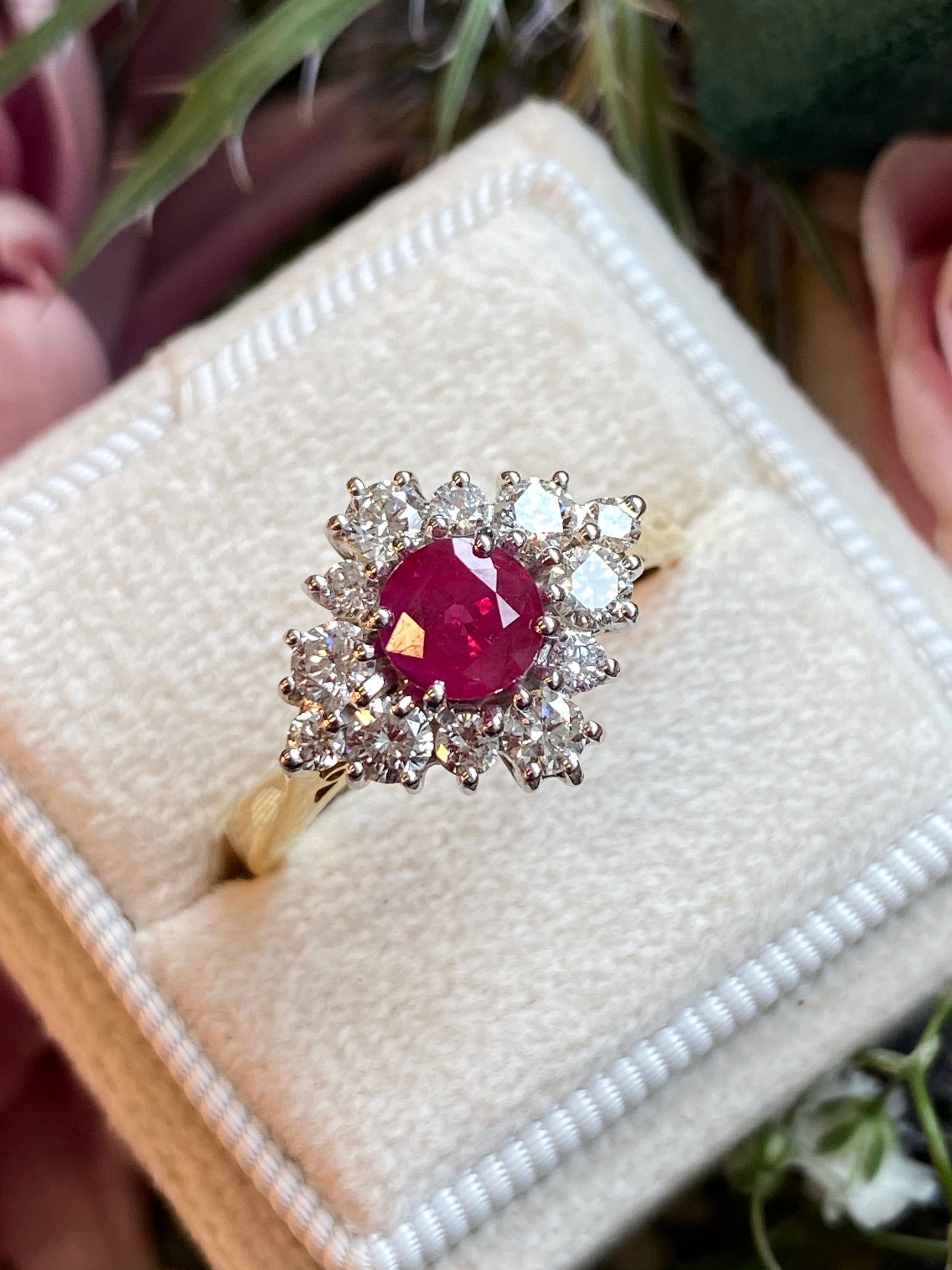 1.31 CTW Round-Cut Ruby and Natural Diamond Halo Ring in 18ct White and Yellow Gold