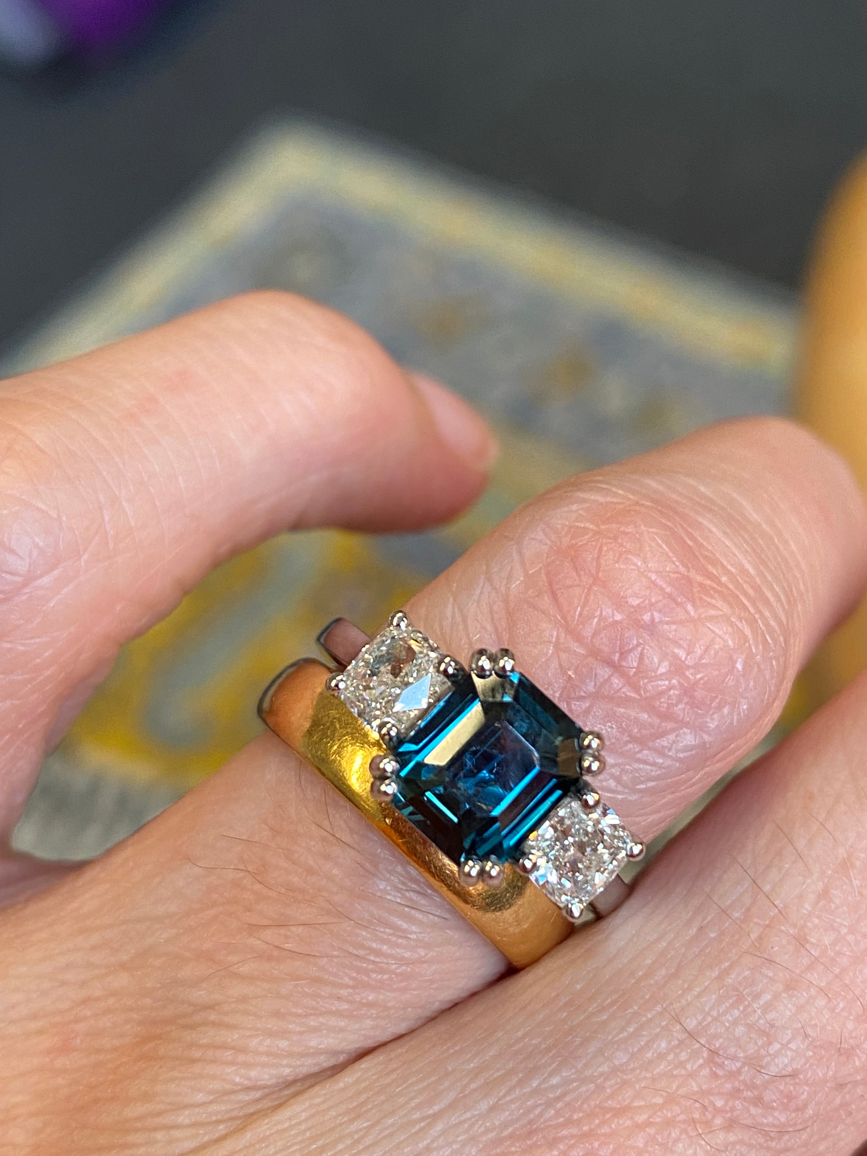 2.42 Carat Teal Sapphire and 0.97 CTW Natural Diamond Three Stone Ring in Platinum