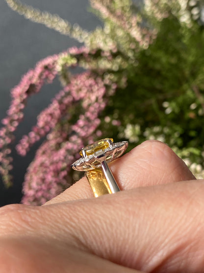 2.45 Carat Yellow Sapphire and Natural Diamond Halo Ring in Platinum